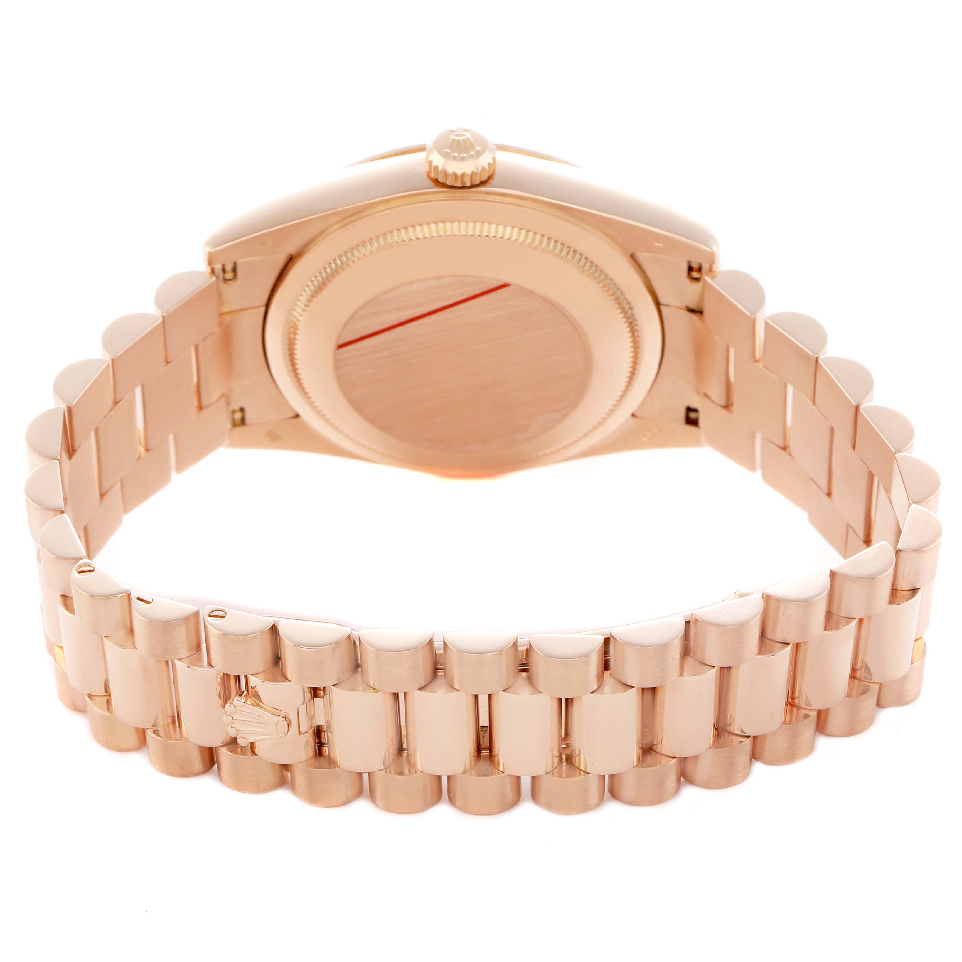 The image shows the back and bracelet of a Rolex President 118235 Men's Rose Gold Pink Dial model, highlighting the clasp and case back.