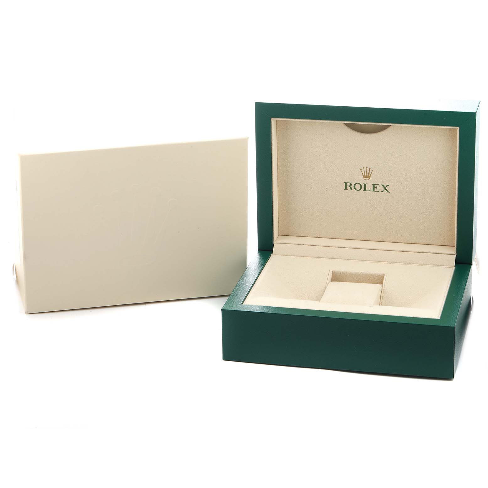 The image shows an open Rolex President 118235 Men's Rose Gold Pink Dial model watch box, with the brand's logo visible inside the lid.