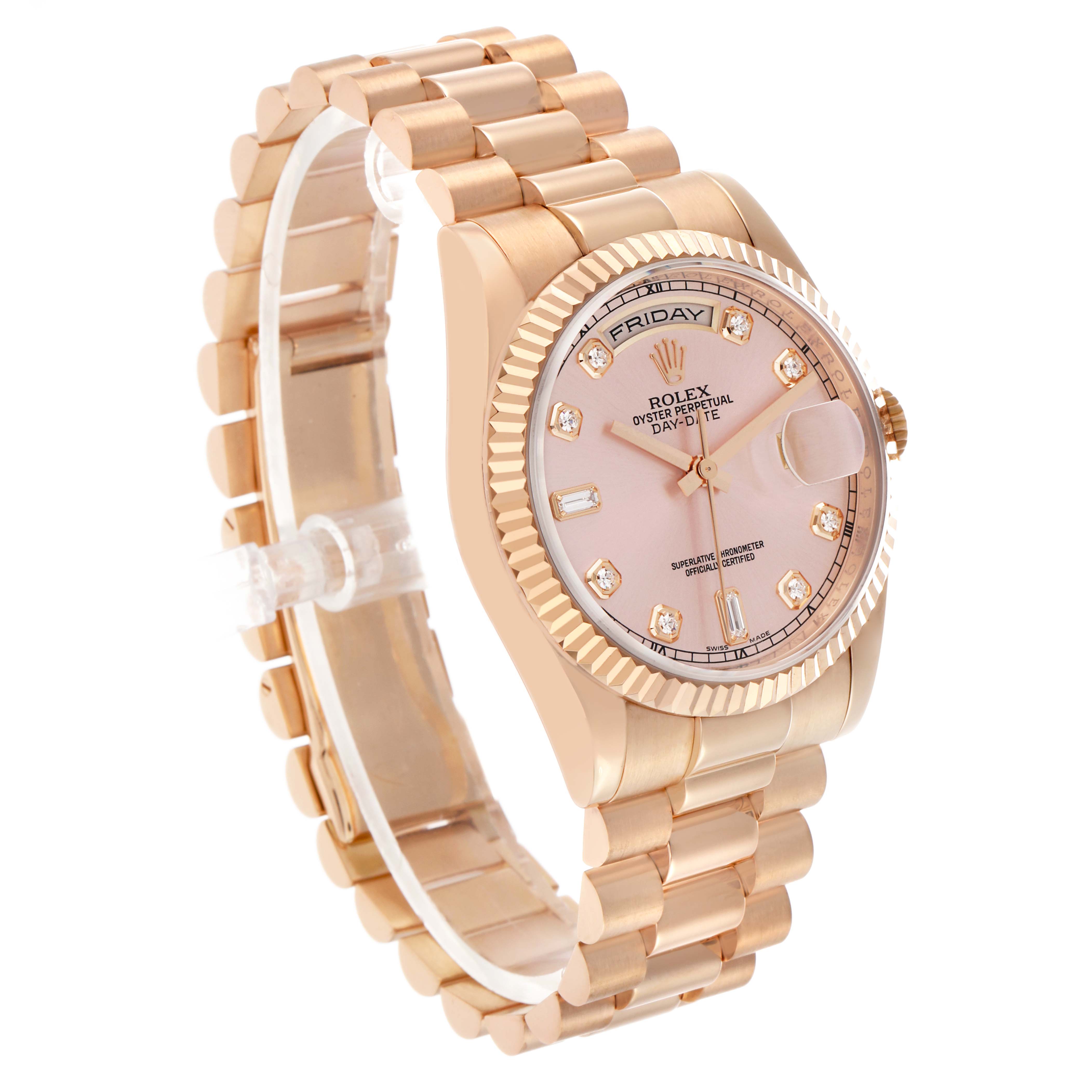 The Rolex President 118235 Men's Rose Gold Pink Dial model watch is shown at a three-quarter angle, displaying the face, bezel, and bracelet.