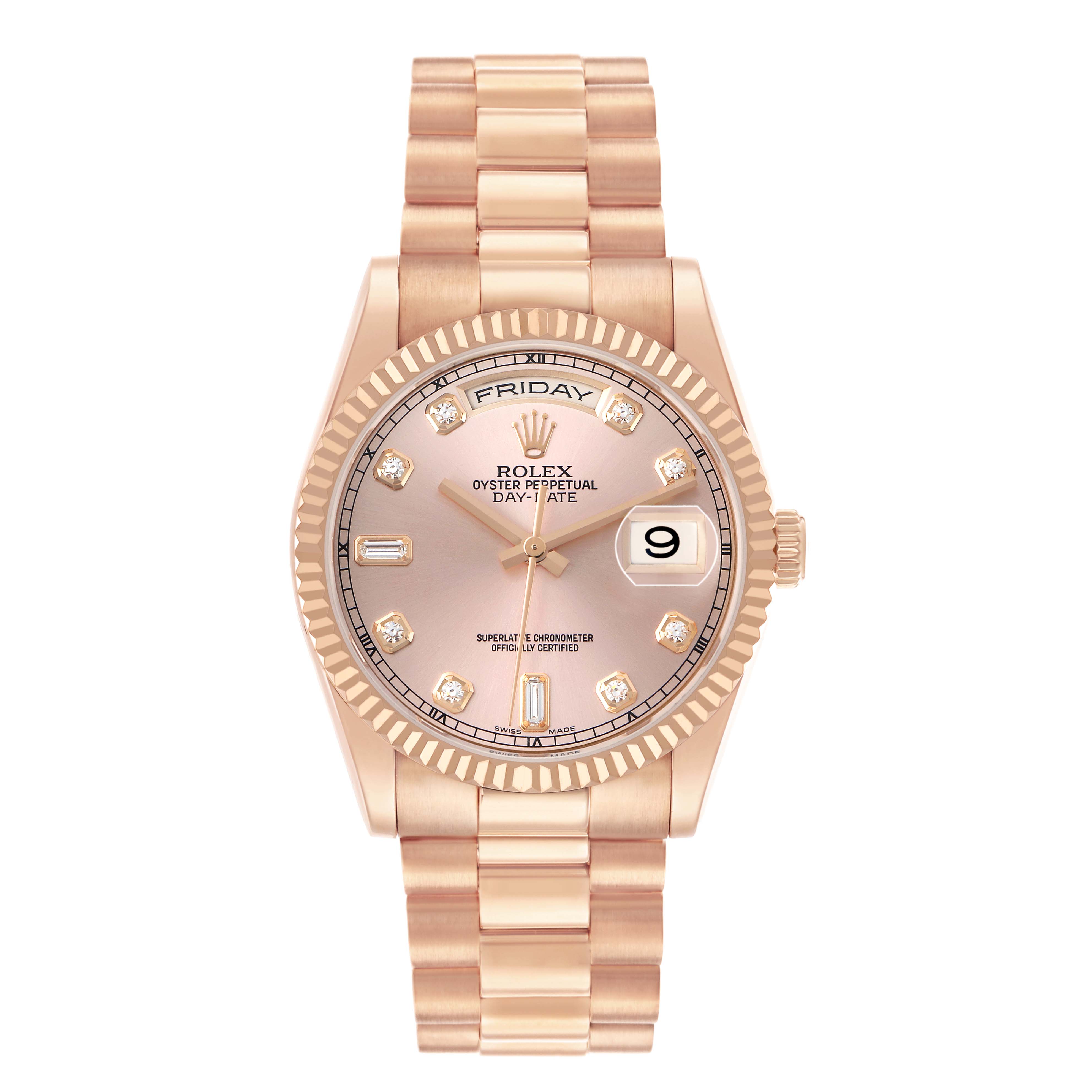 The Rolex President 118235 Men's Rose Gold Pink Dial model is shown from the front, highlighting the dial, bezel, and bracelet.
