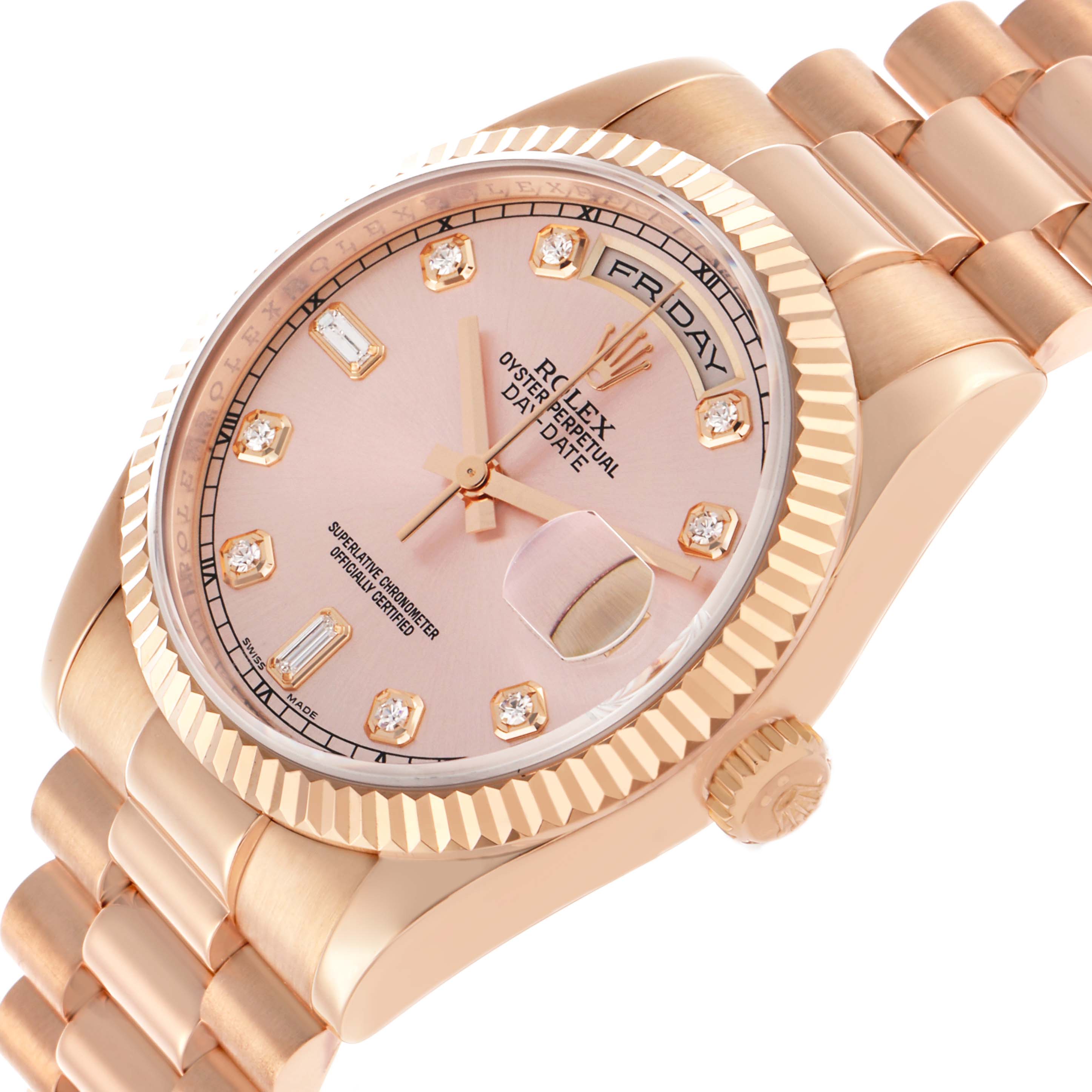The Rolex President 118235 Men's Rose Gold Pink Dial watch is shown at an angled view highlighting the face, bezel, crown, and part of the band.