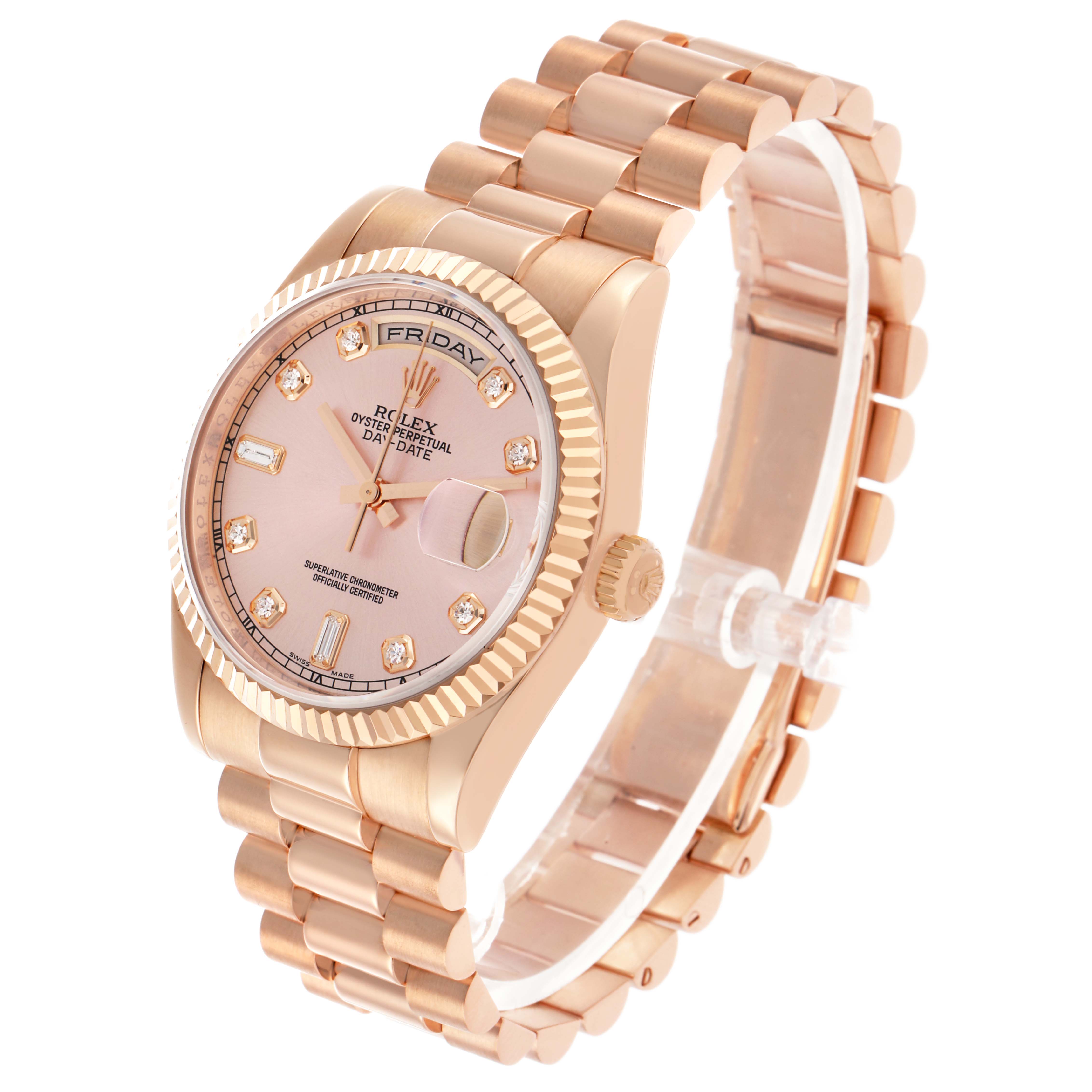 The Rolex President 118235 Men's Rose Gold Pink Dial model watch is shown from an angled perspective, displaying the face, bracelet, and side crown.