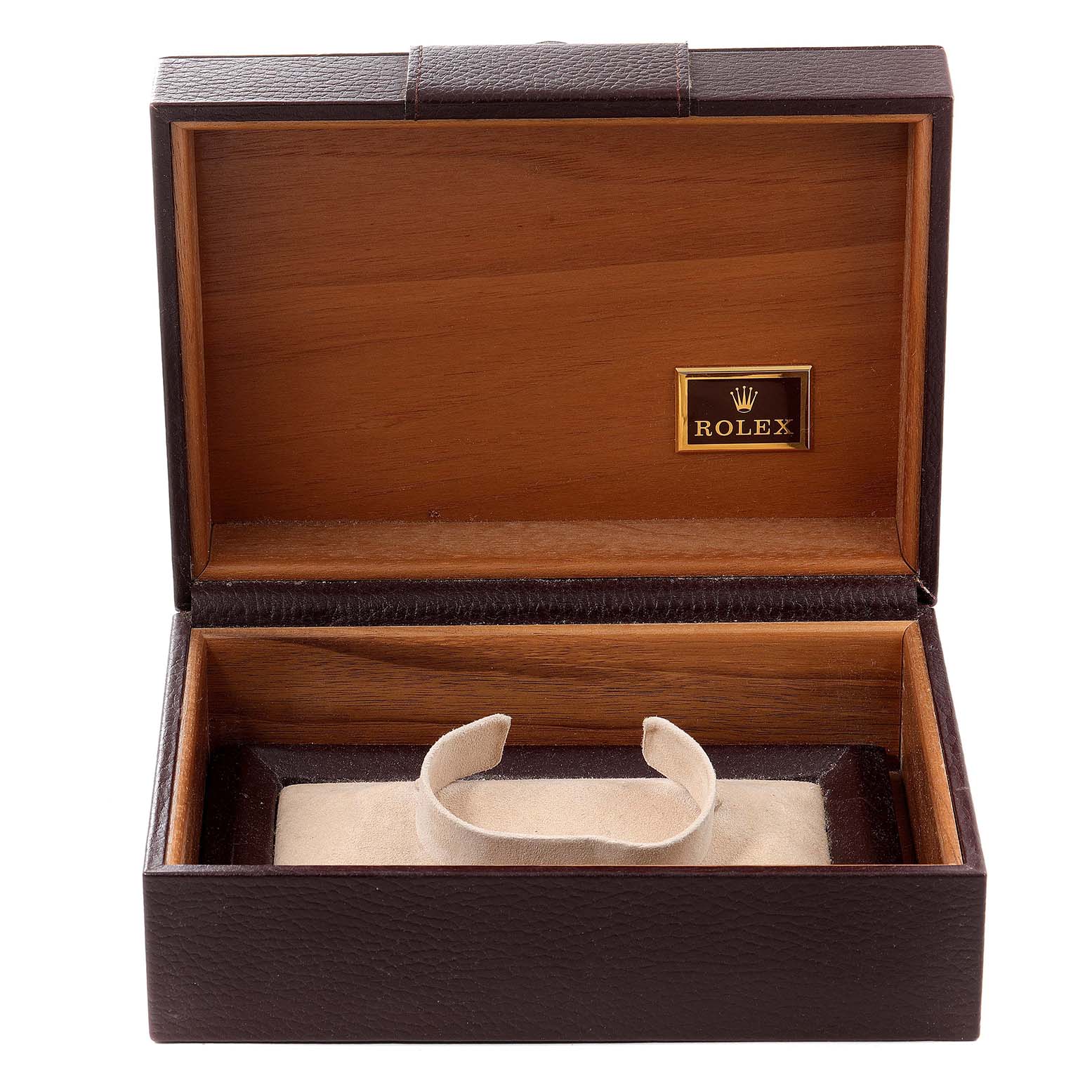 The image shows an open Rolex President 18078 Men
s Yellow Gold Silver Dial 18078 Men
s Yellow Gold Silver Dial watch box, displaying its interior and a placeholder for the watch.