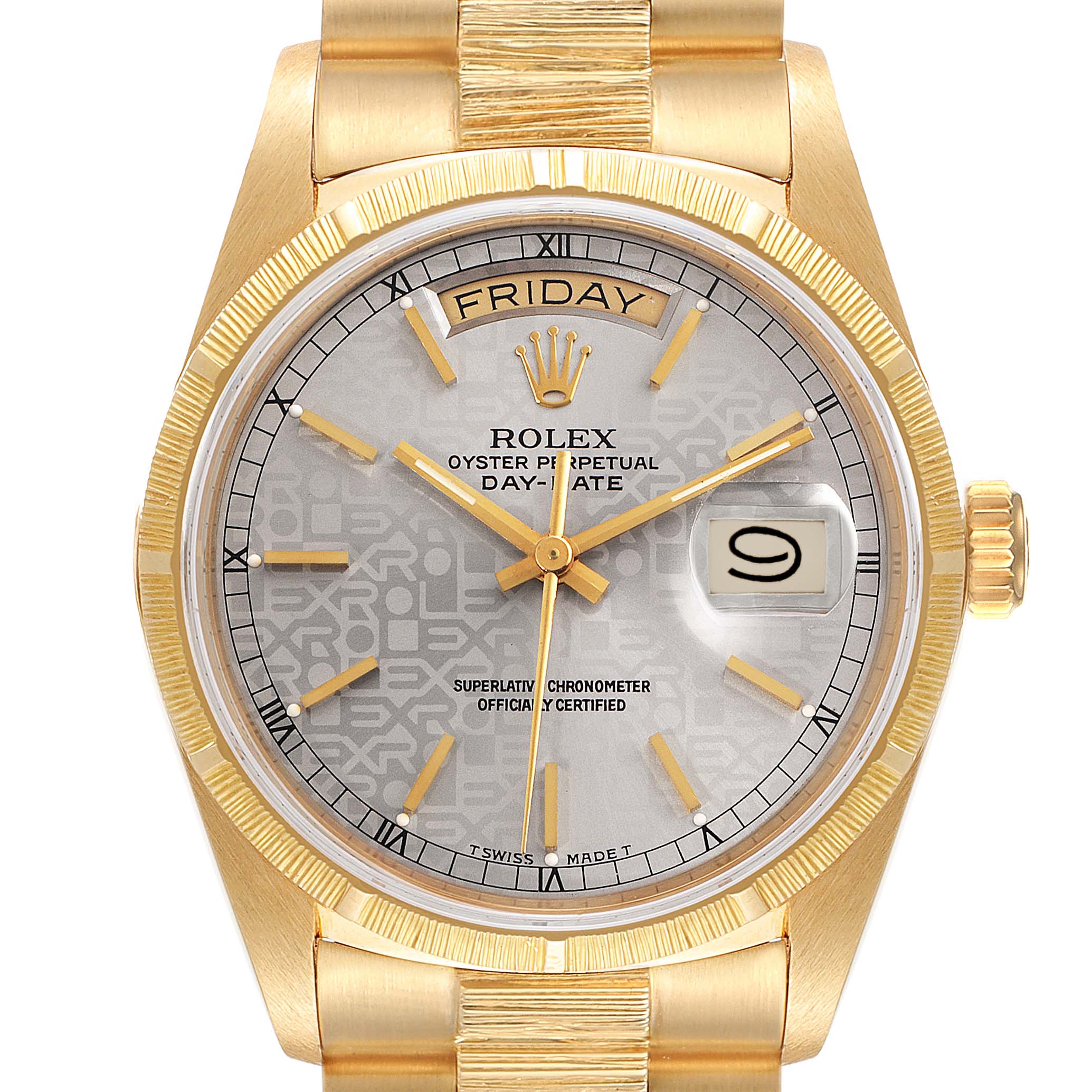 The image shows a front view of a Rolex President 18078 Men
s Yellow Gold Silver Dial 18078 Men
s Yellow Gold Silver Dial model watch, highlighting the dial, date window, day indicator, and bracelet.