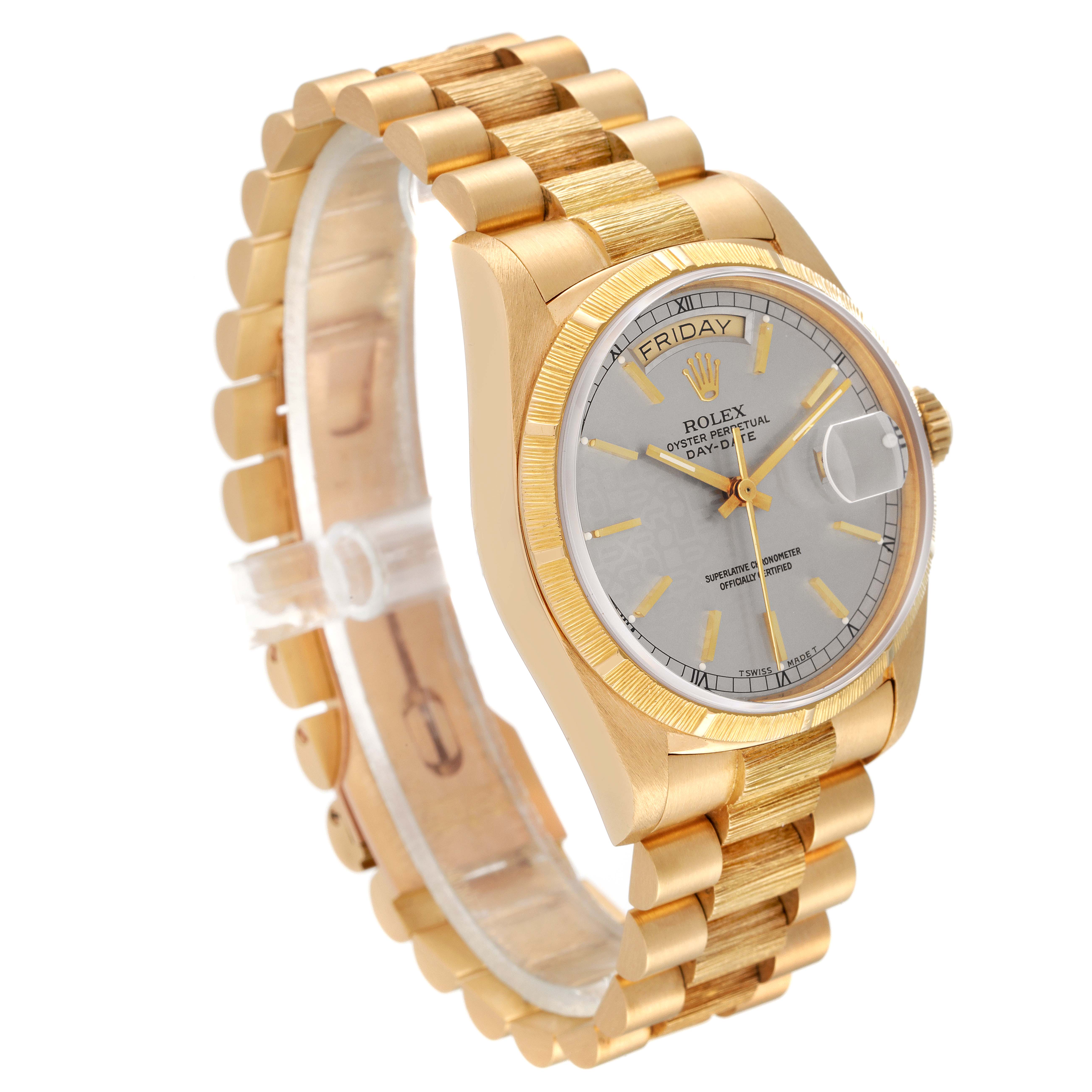 The image shows a side angle of the Rolex President 18078 Men
s Yellow Gold Silver Dial 18078 Men
s Yellow Gold Silver Dial model watch, highlighting its dial, bracelet, and crown.