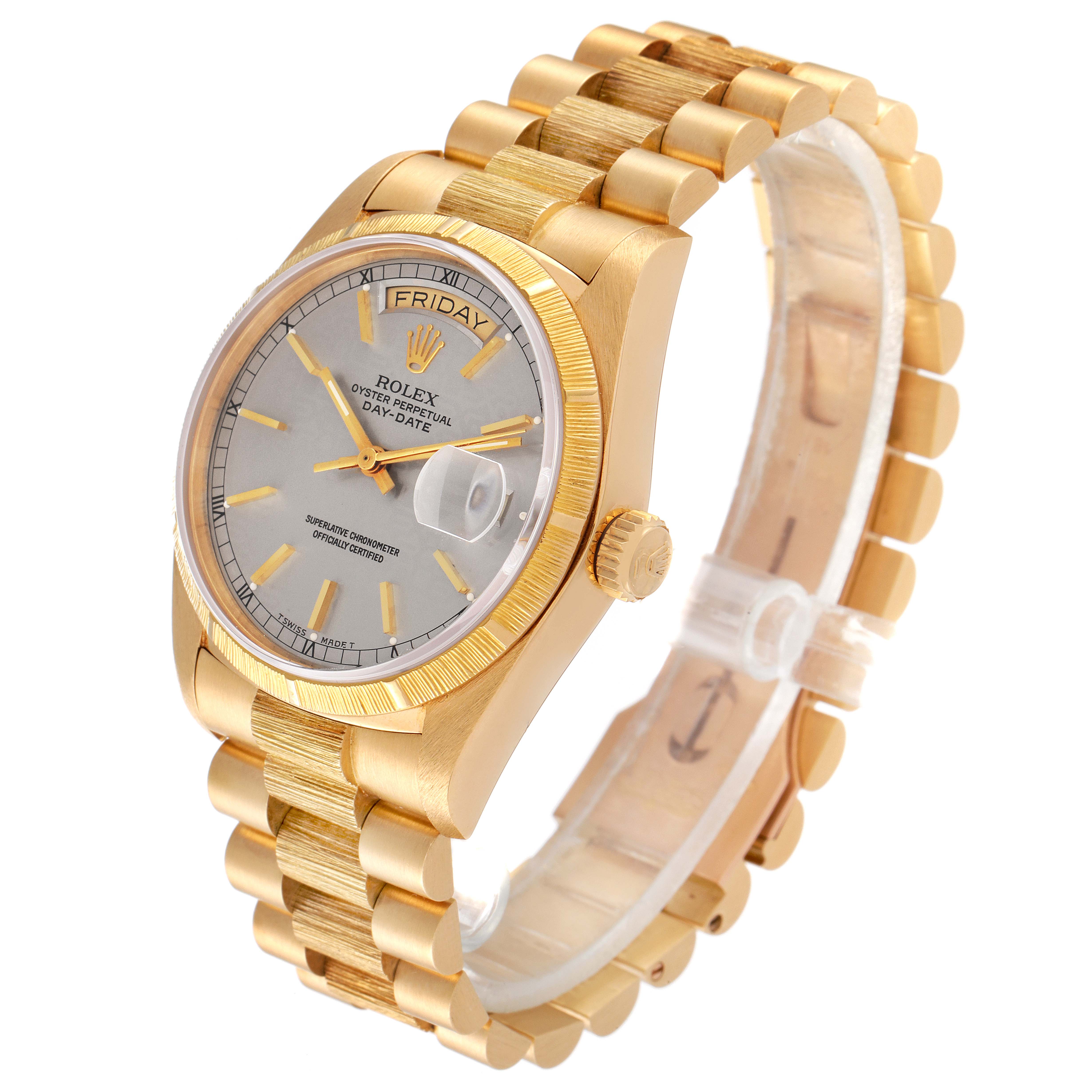 This Rolex President 18078 Men
s Yellow Gold Silver Dial 18078 Men
s Yellow Gold Silver Dial model watch is shown at a three-quarter angle, displaying the face, bracelet, and crown.