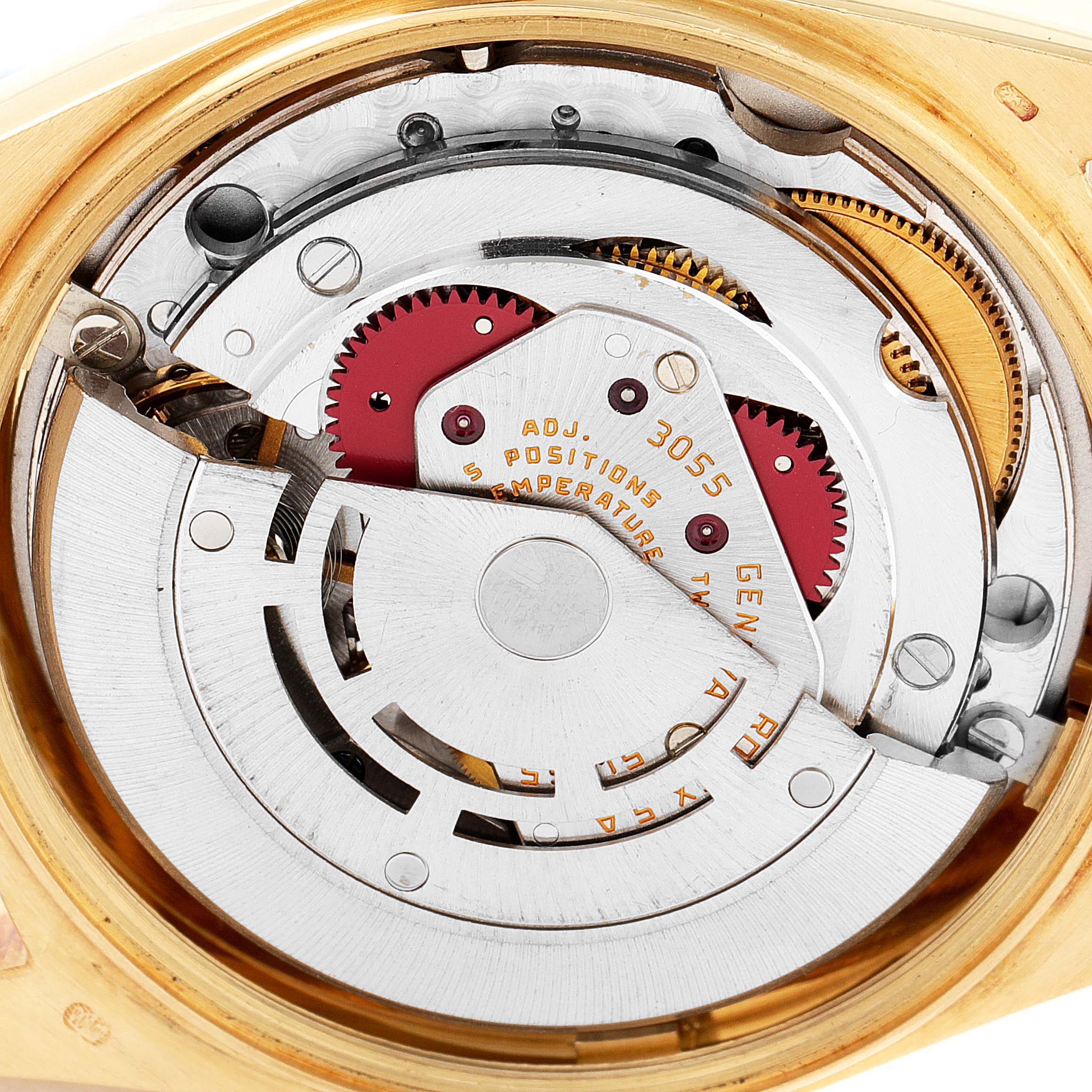 This image shows the intricate internal mechanism of a Rolex President 18078 Men
s Yellow Gold Silver Dial 18078 Men
s Yellow Gold Silver Dial model watch from a close-up, detailed angle.
