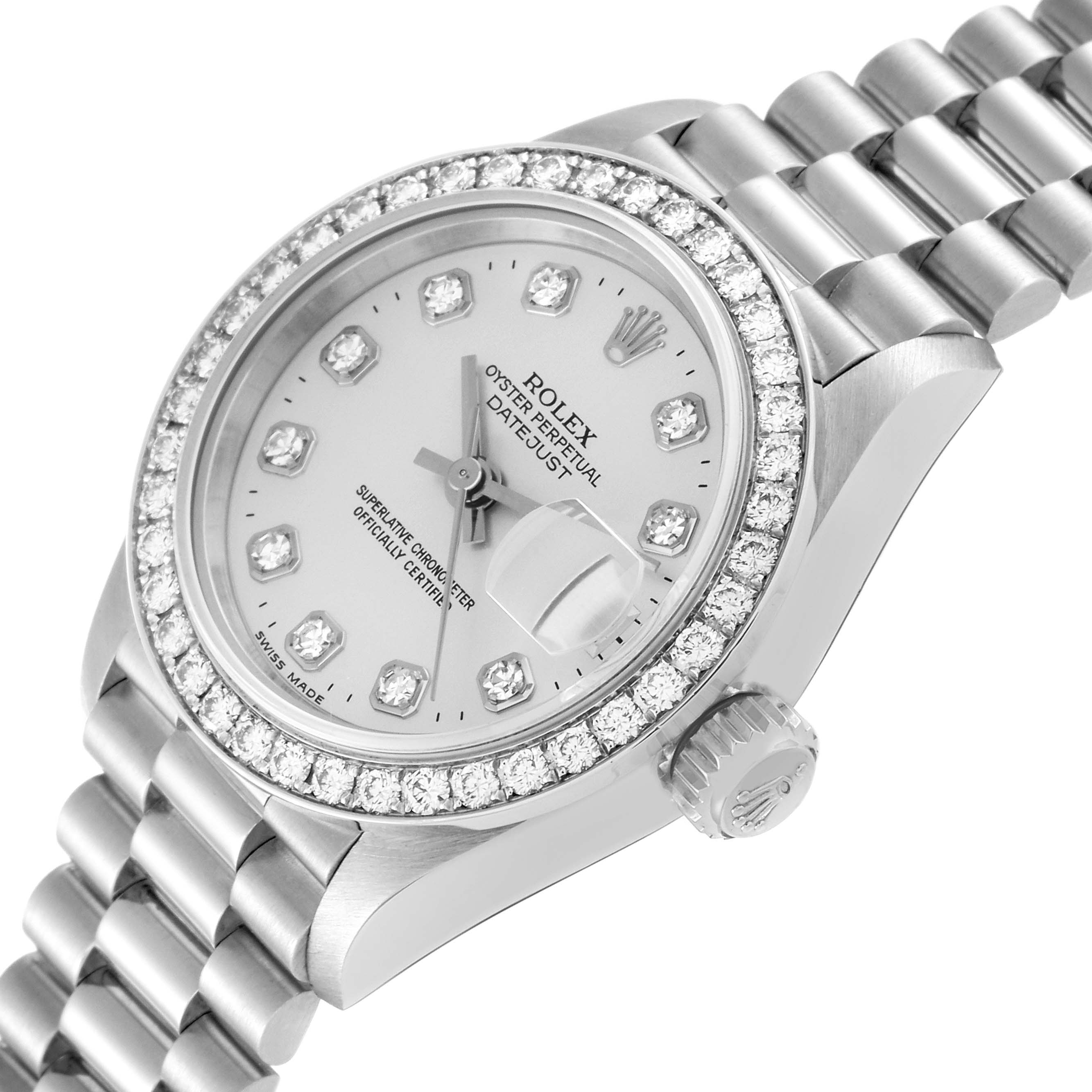 This image shows a Rolex President 69136 Women's Platinum Silver Dial 69136 Women's Platinum Silver Dial watch from an angle highlighting its face, bezel, crown, and part of the bracelet.