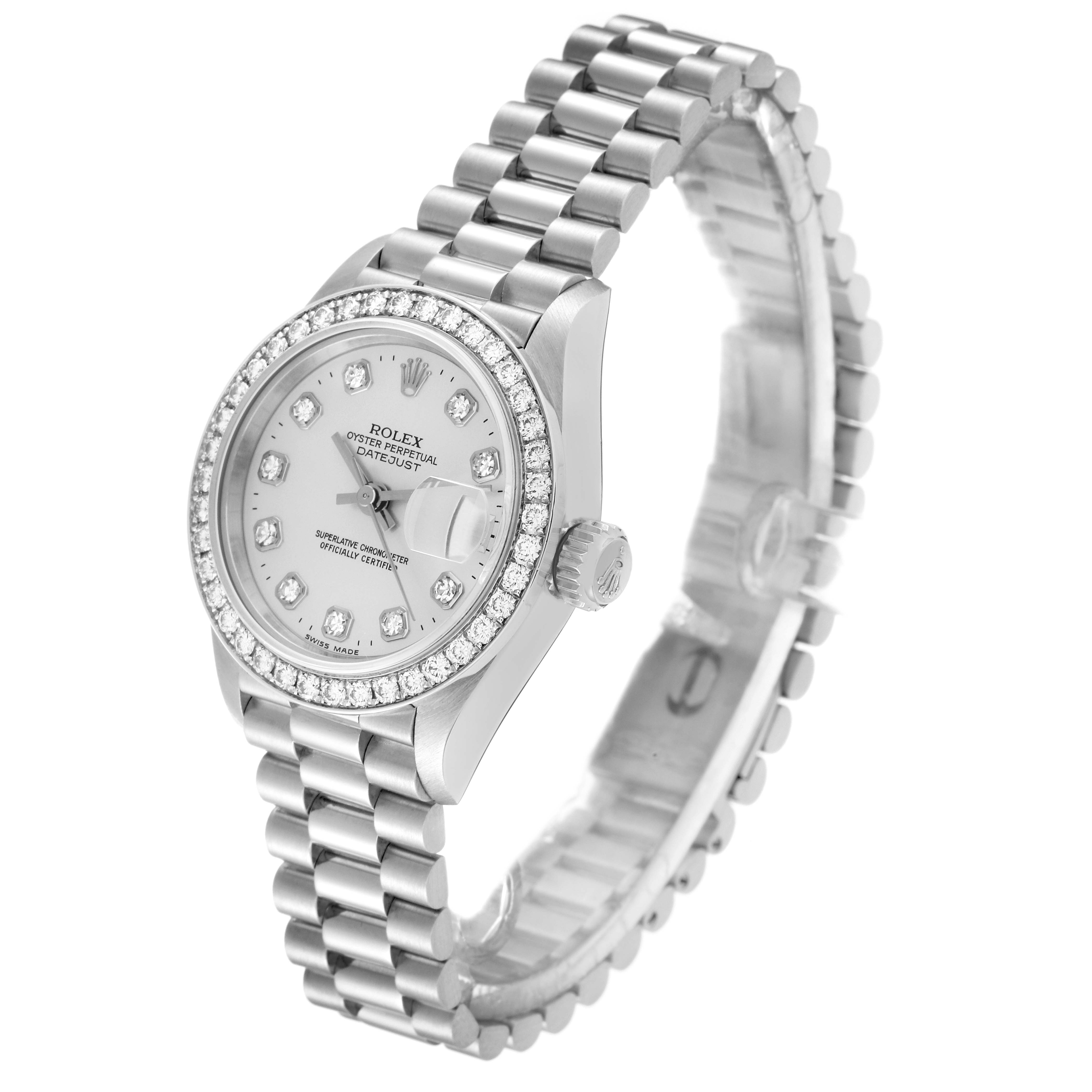 The image shows a side-angle view of a Rolex President 69136 Women's Platinum Silver Dial 69136 Women's Platinum Silver Dial model watch, displaying the face, bezel, crown, and part of the bracelet.