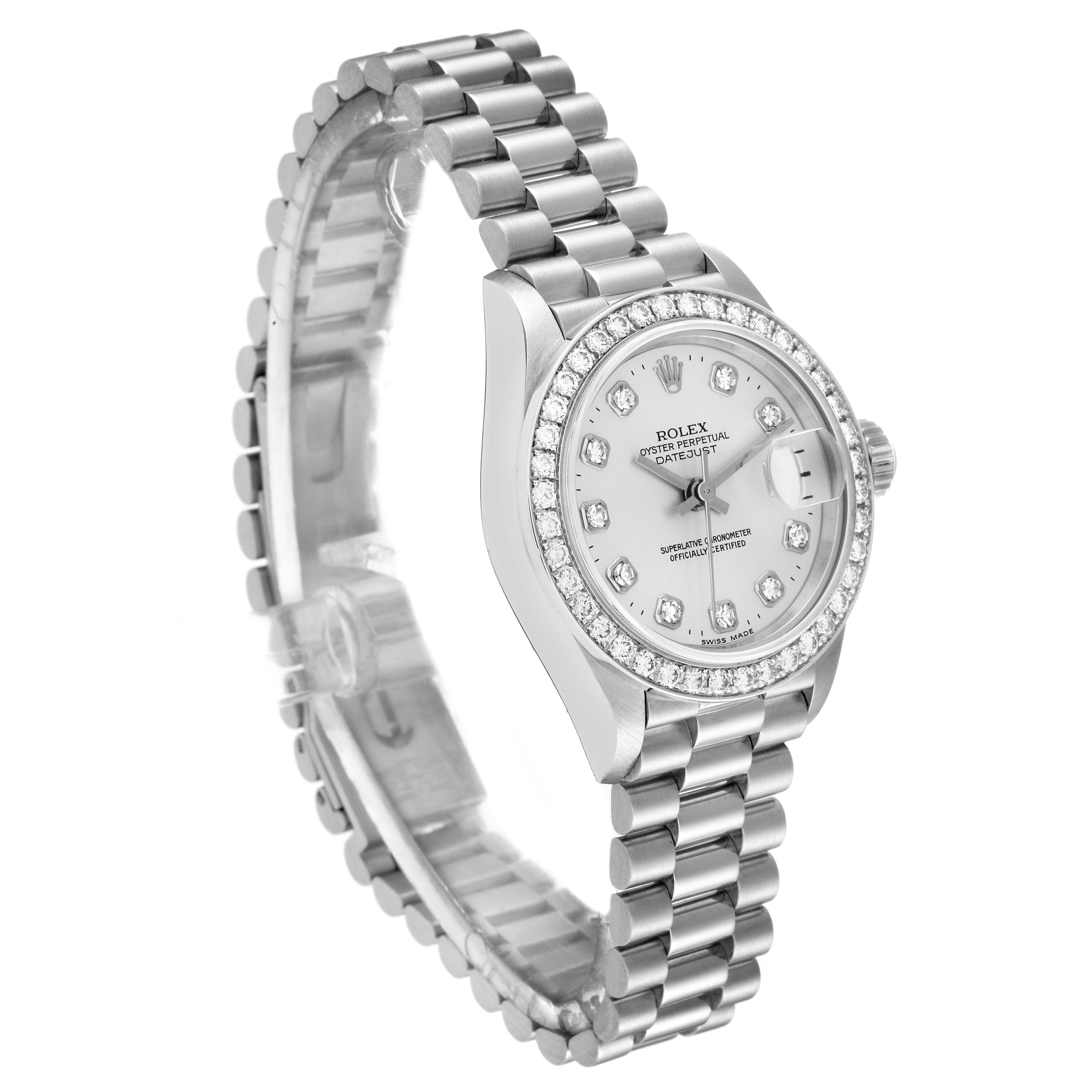 The image shows a Rolex President 69136 Women's Platinum Silver Dial 69136 Women's Platinum Silver Dial model watch at an angle highlighting the face, bezel, and bracelet.