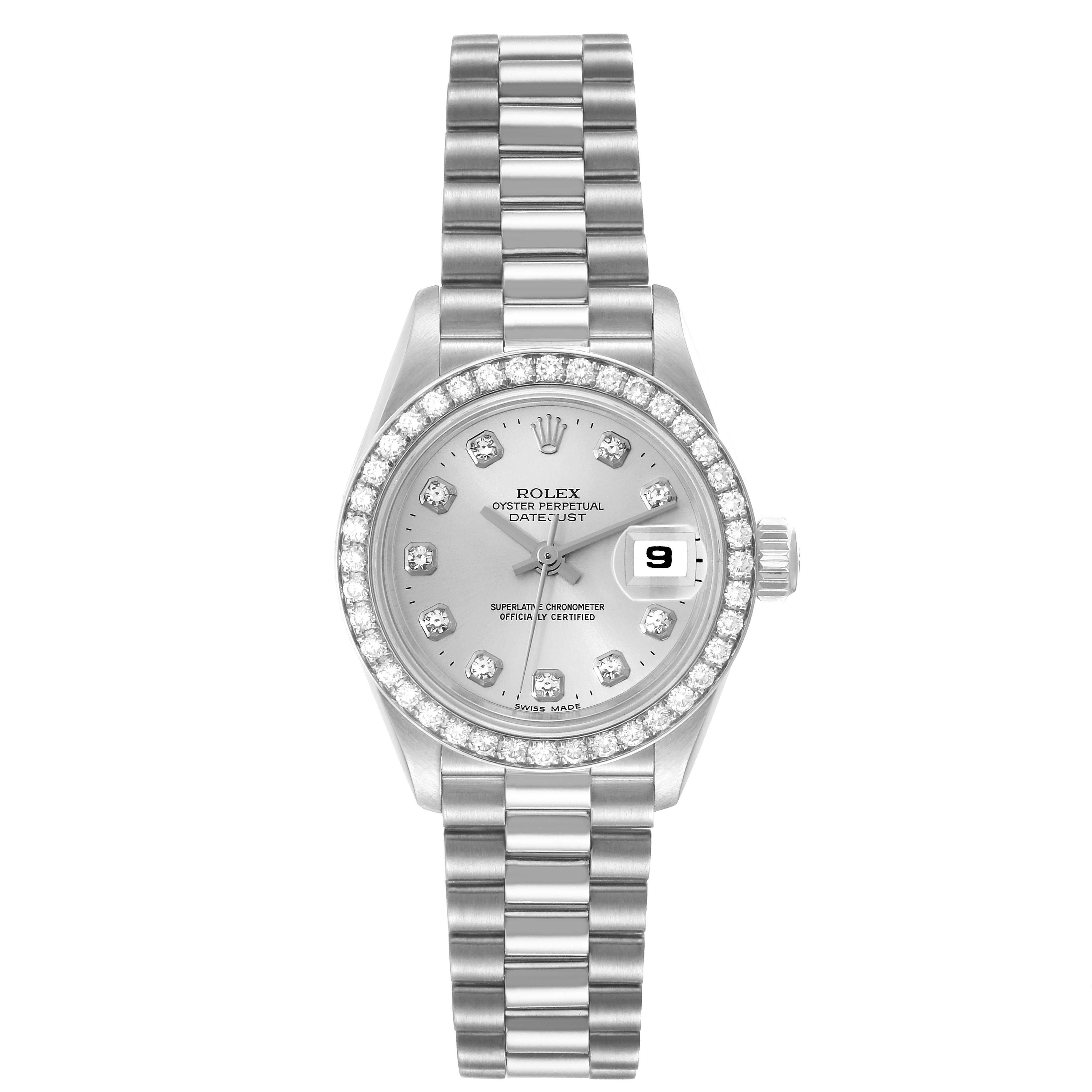 This is a front view of the Rolex President 69136 Women's Platinum Silver Dial 69136 Women's Platinum Silver Dial model watch, highlighting its dial, bezel, and bracelet.