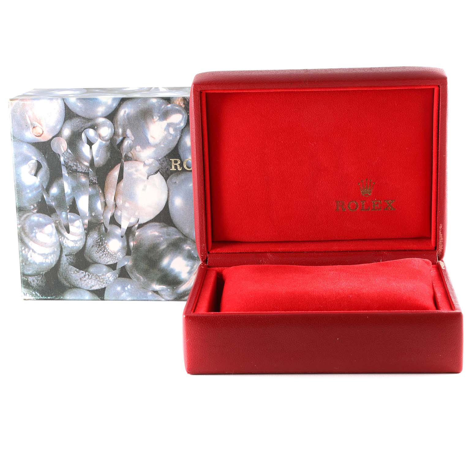 The image shows an open Rolex President 69136 Women's Platinum Silver Dial 69136 Women's Platinum Silver Dial watch box with a red interior and an outer box with a pearl design.