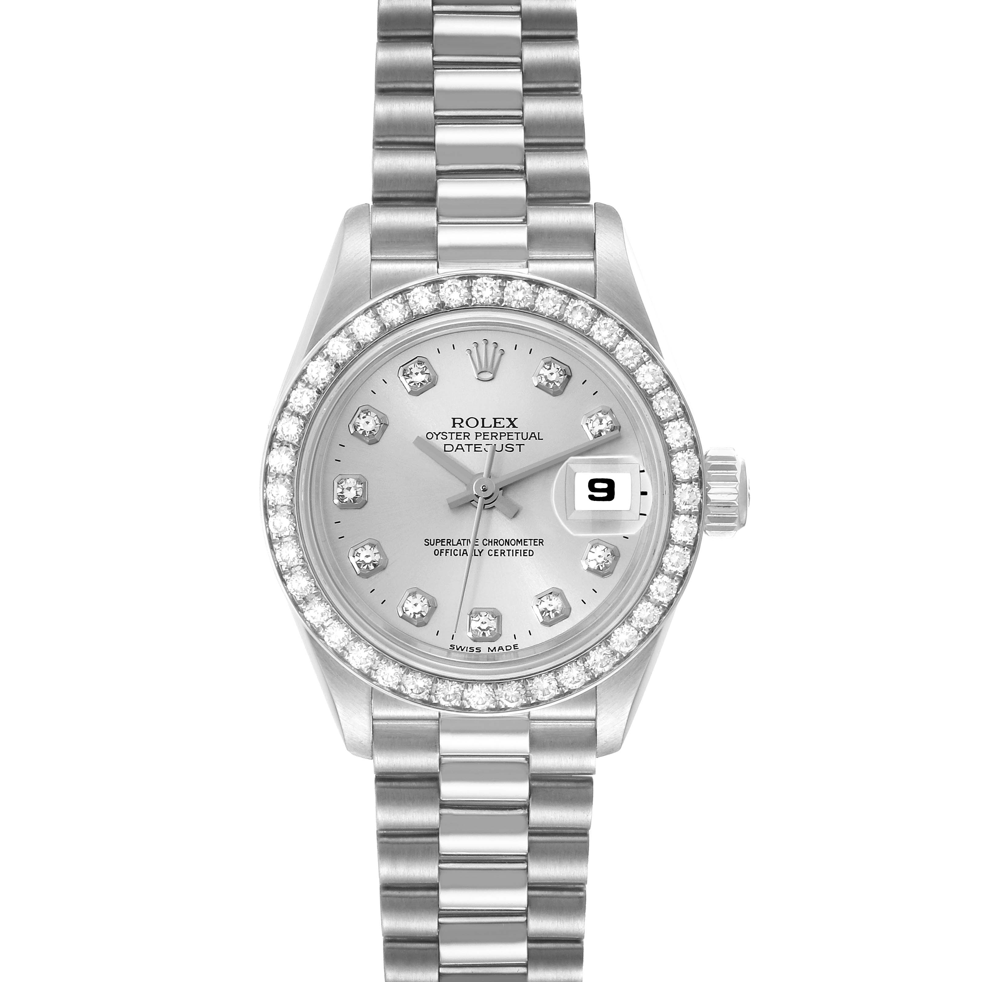 The image shows a top-down view of a Rolex President 69136 Women's Platinum Silver Dial 69136 Women's Platinum Silver Dial model watch, displaying the face, bezel, and partial bracelet.