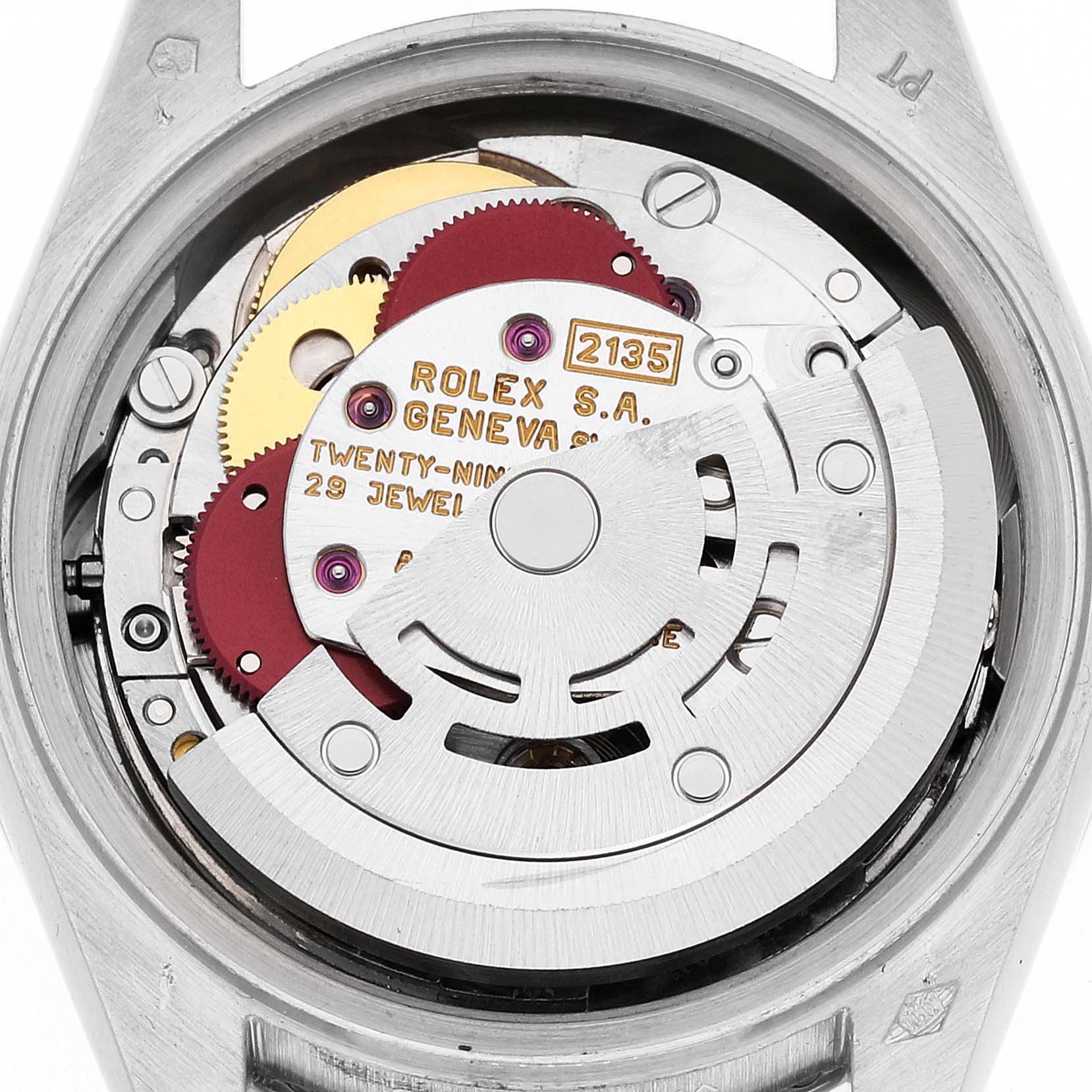 This image shows the internal mechanism of a Rolex President 69136 Women's Platinum Silver Dial 69136 Women's Platinum Silver Dial model watch viewed from the back.