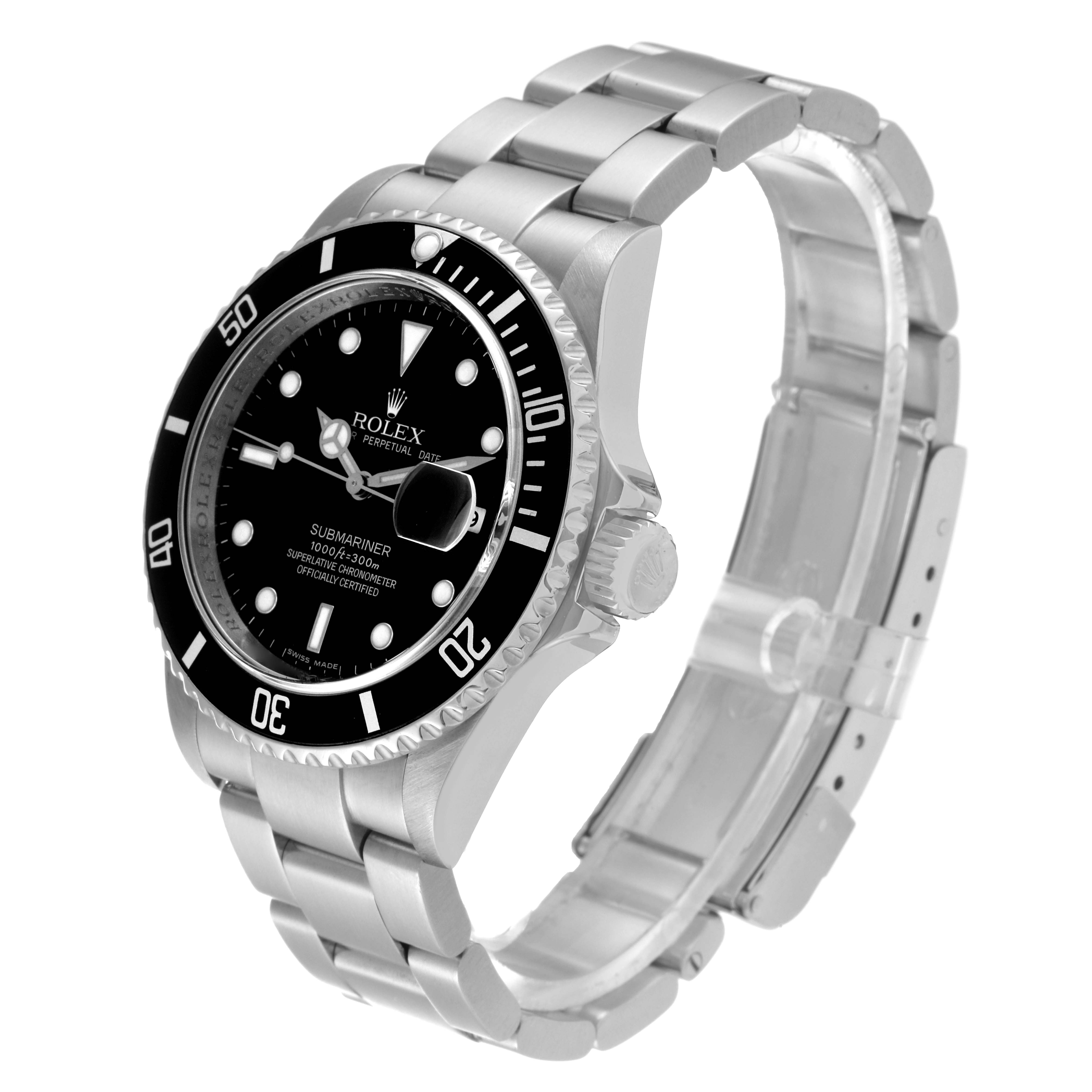 The Rolex Submariner 16610 Men's Stainless Steel Black Dial 16610 Men's Stainless Steel Black Dial watch is shown at a three-quarter angle, highlighting its bezel, dial, and stainless steel bracelet.