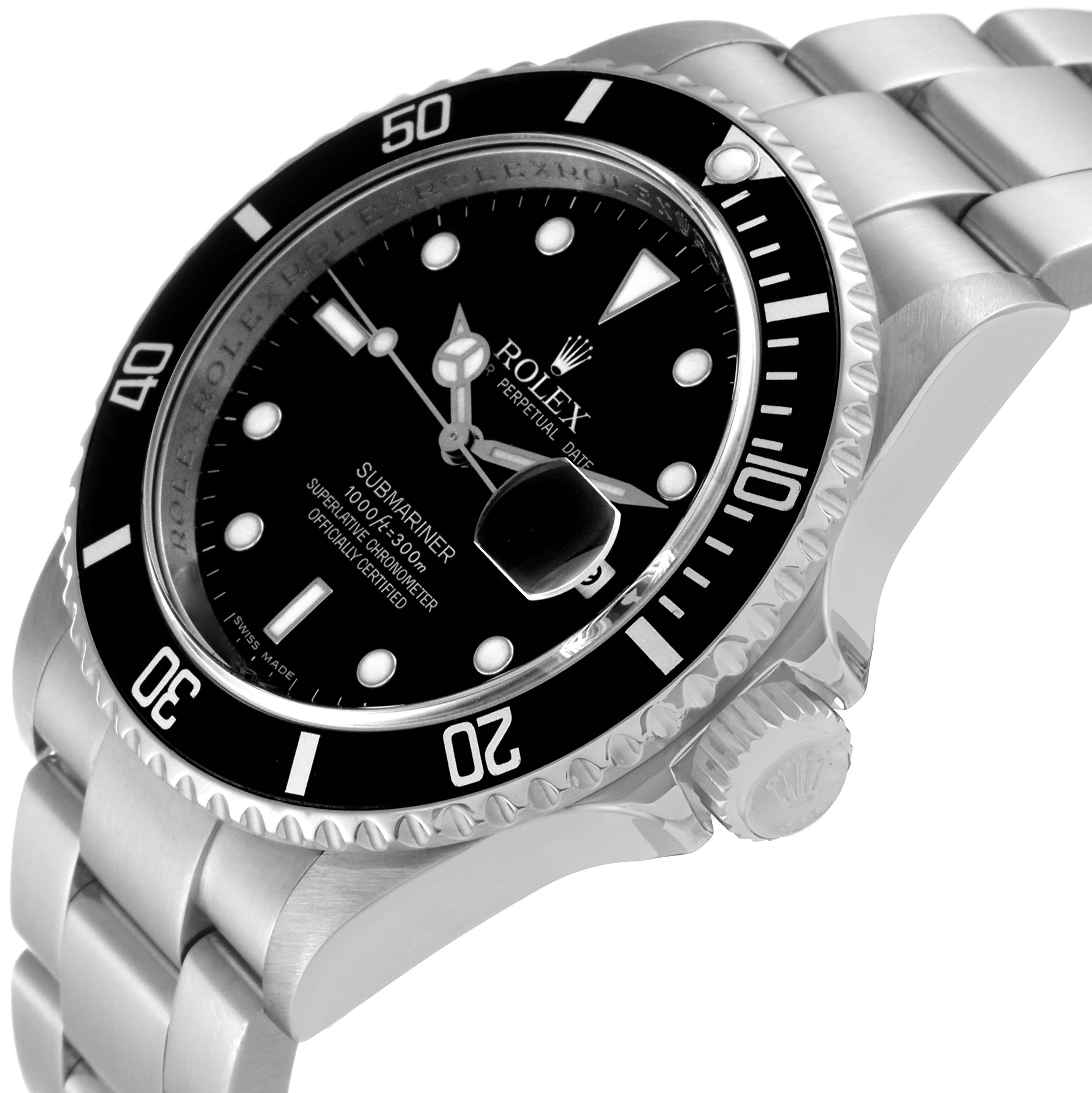 The image shows a close-up angle of the Rolex Submariner 16610 Men's Stainless Steel Black Dial 16610 Men's Stainless Steel Black Dial watch, displaying the bezel, dial, and part of the stainless steel bracelet.