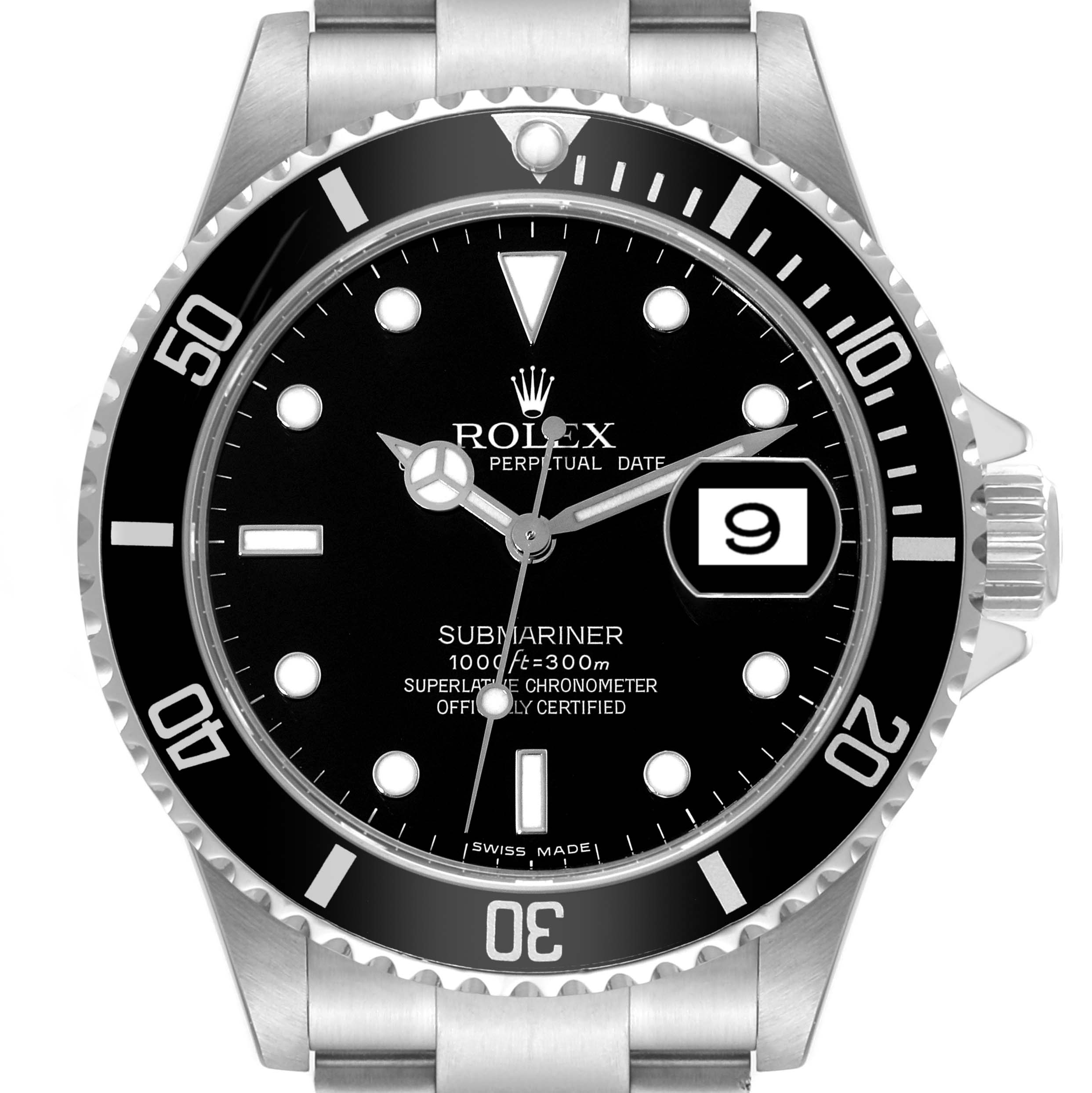 The image shows a front view of a Rolex Submariner 16610 Men's Stainless Steel Black Dial 16610 Men's Stainless Steel Black Dial watch, displaying its dial, bezel, and bracelet.