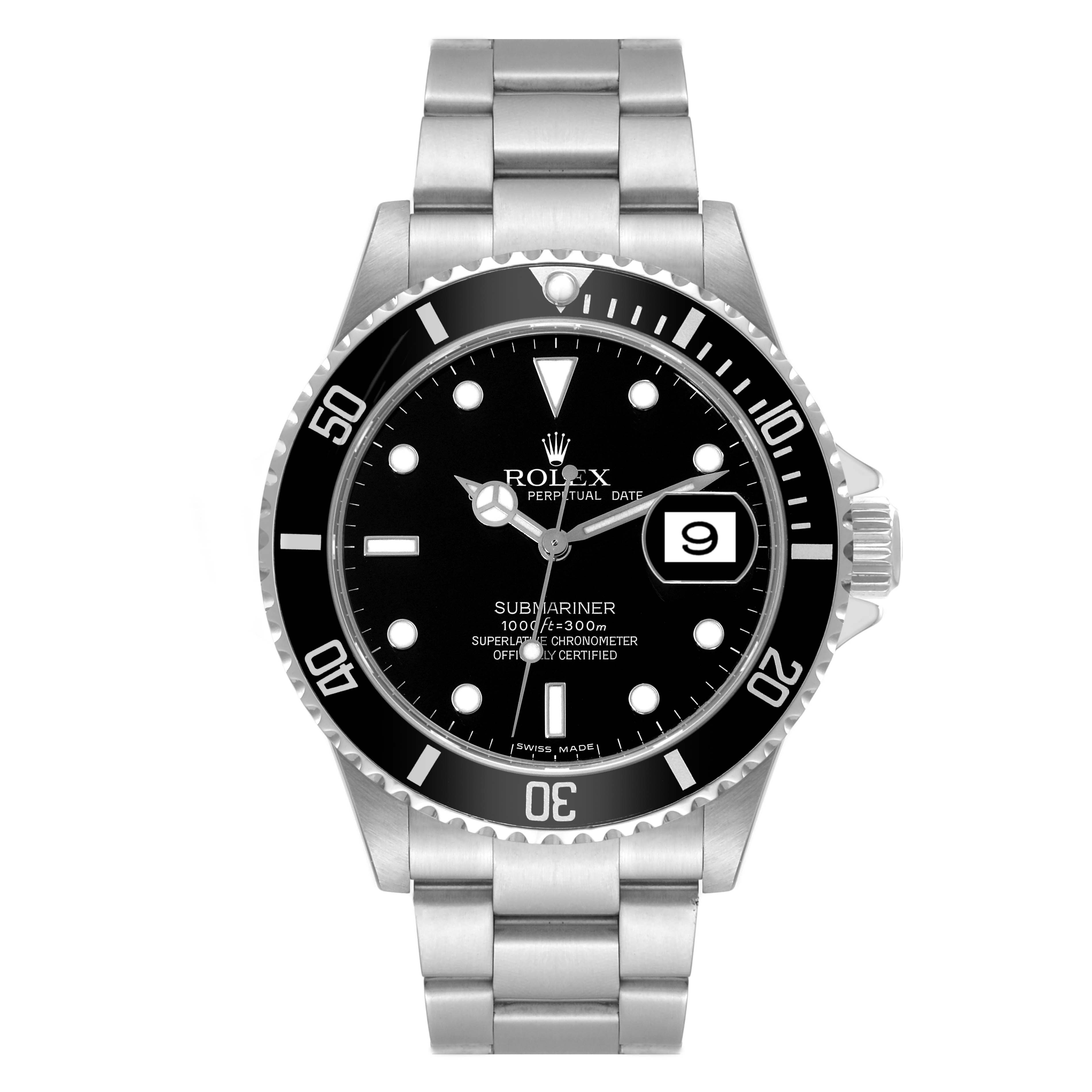 The watch is a Rolex Submariner 16610 Men's Stainless Steel Black Dial 16610 Men's Stainless Steel Black Dial shown from a front angle, displaying the dial, bezel, and bracelet.