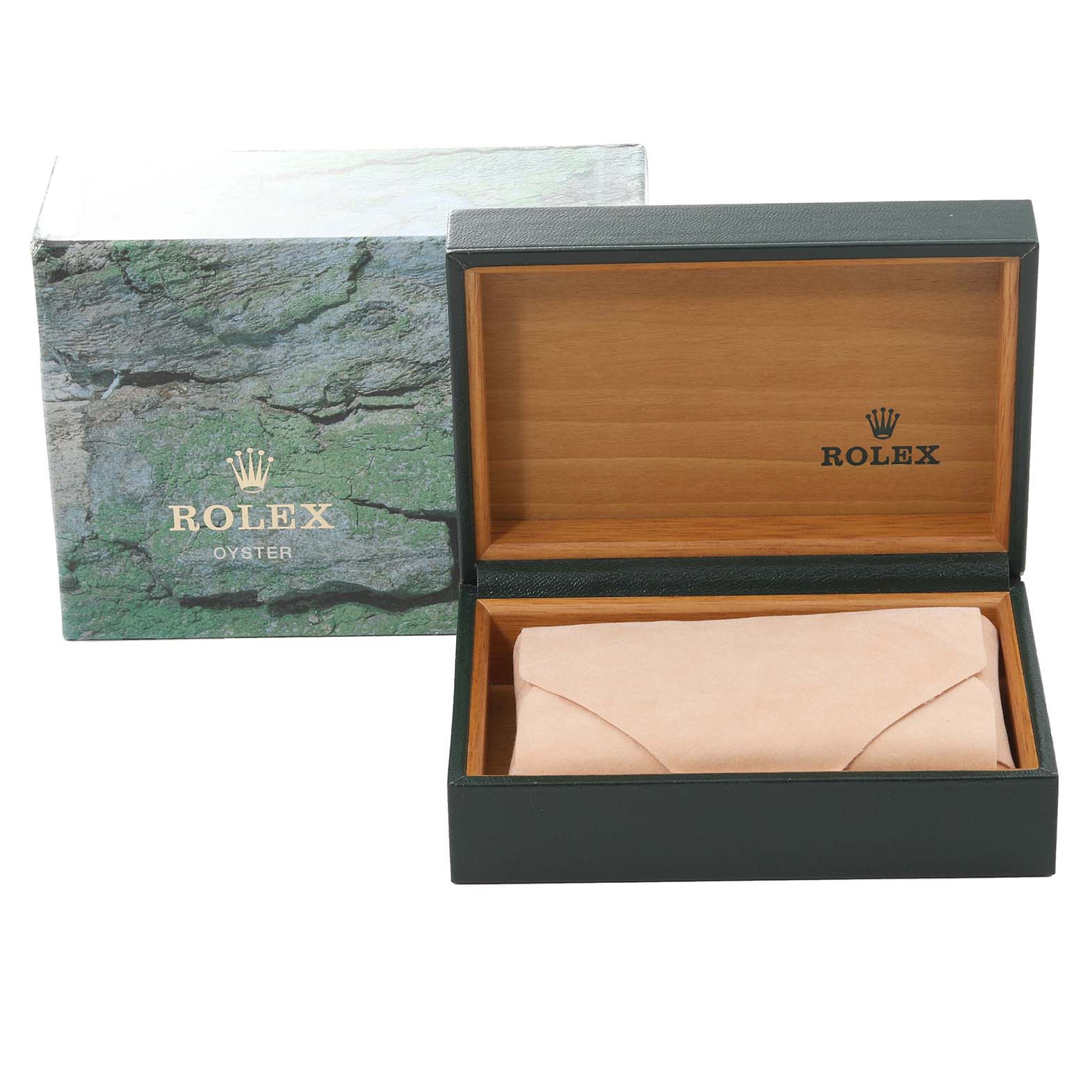 This image shows the open box and outer packaging for a Rolex Submariner 16610 Men's Stainless Steel Black Dial 16610 Men's Stainless Steel Black Dial watch.