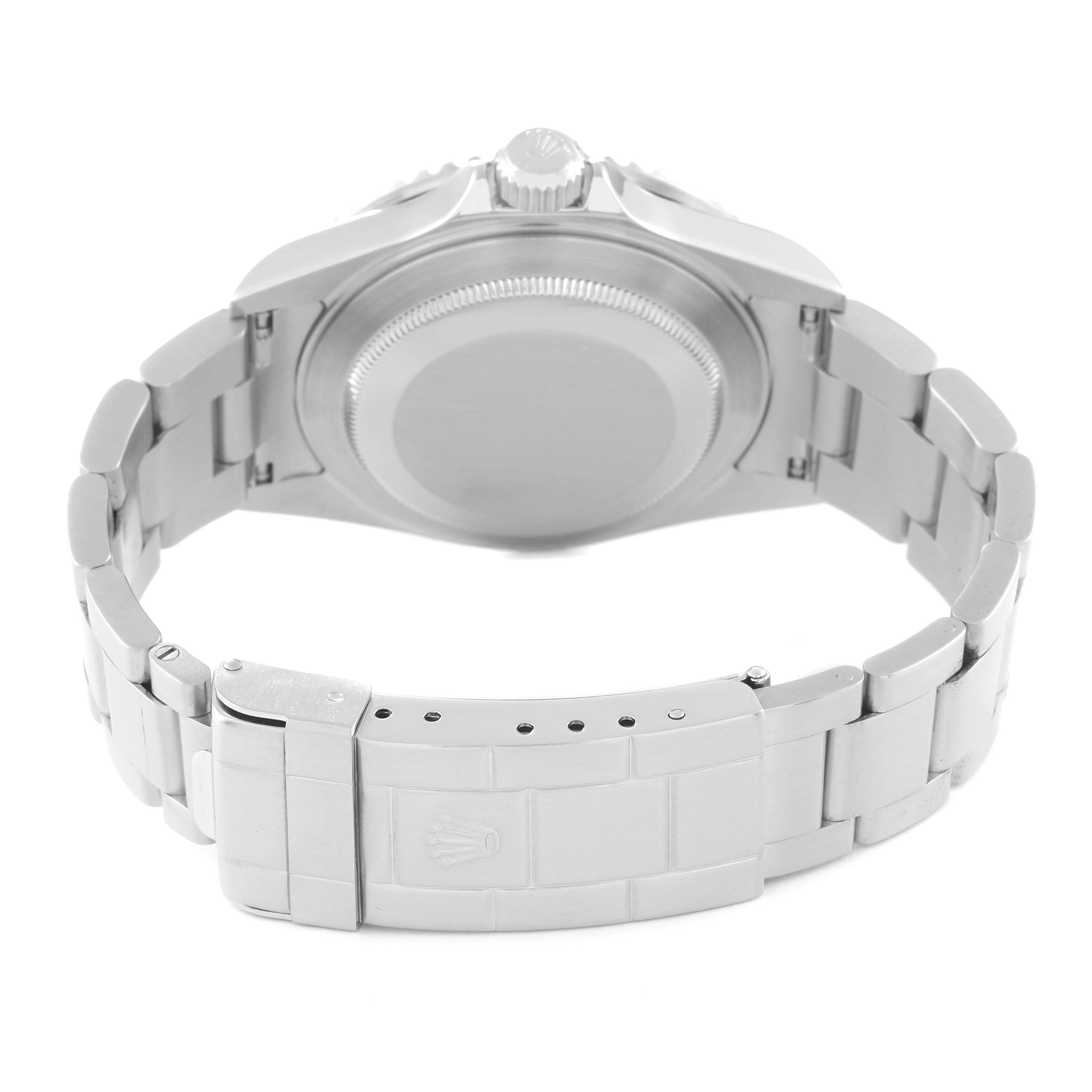 The image shows the back case and bracelet clasp of a Rolex Submariner 16610 Men's Stainless Steel Black Dial 16610 Men's Stainless Steel Black Dial watch from a rear angle.