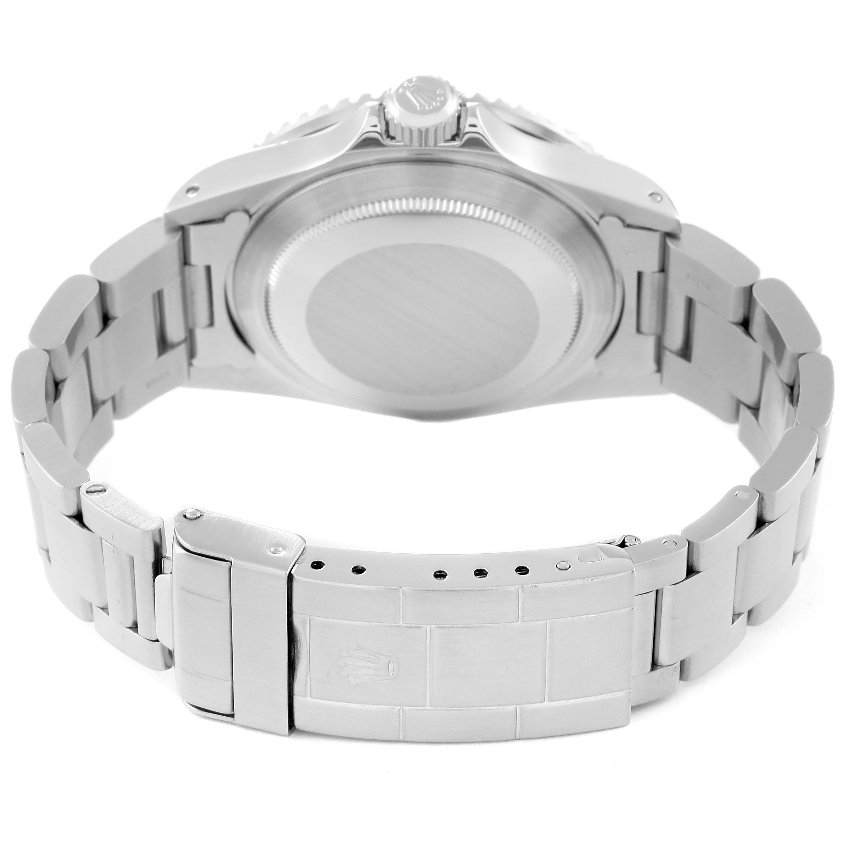 The image shows the underside of a Rolex Vintage Collection 16800 Men's Stainless Steel Black Dial 16800 Men's Stainless Steel Black Dial watch, highlighting the clasp, bracelet, and case back.