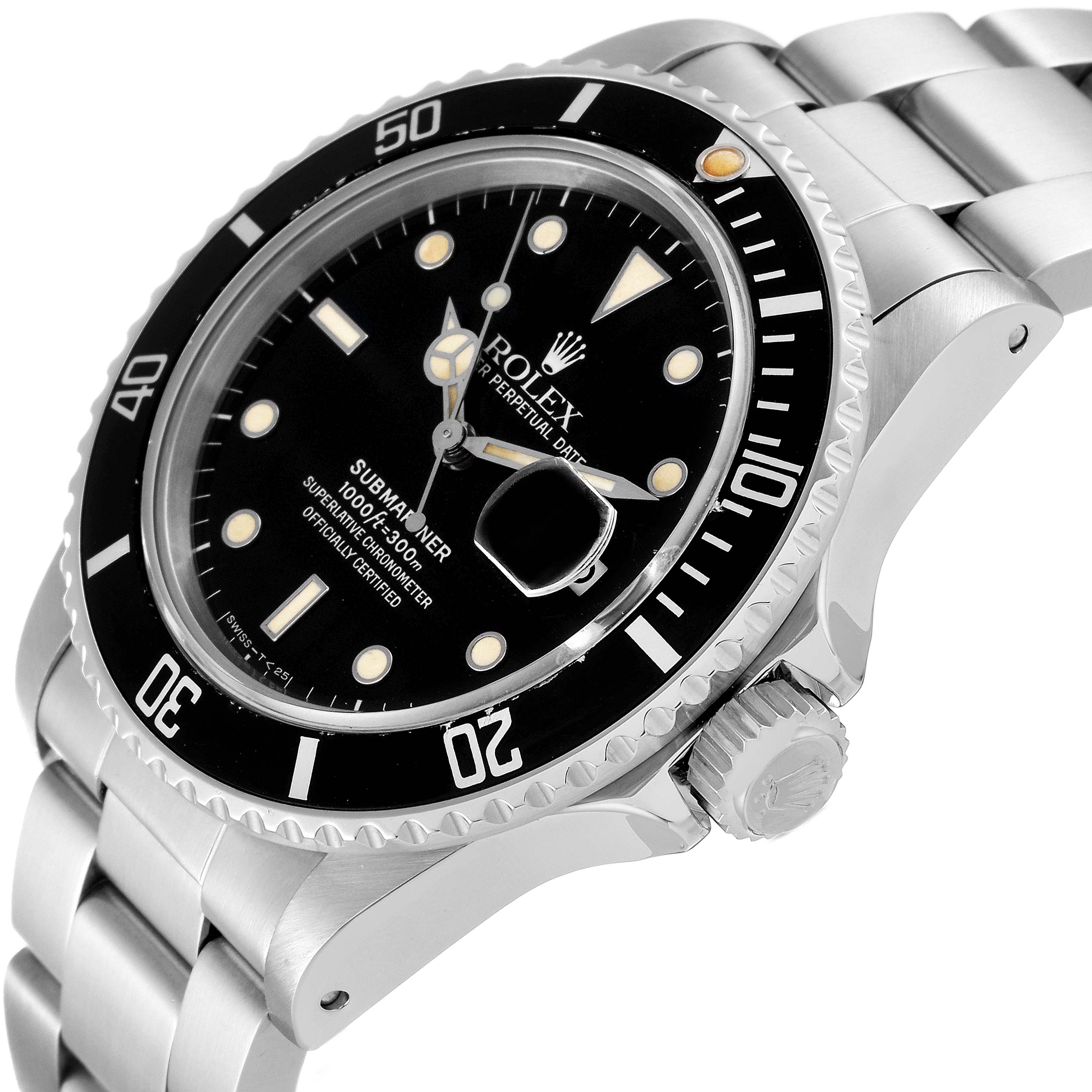 This is a close-up, angled view of a Rolex Vintage Collection 16800 Men's Stainless Steel Black Dial 16800 Men's Stainless Steel Black Dial Submariner, showing the watch face, bezel, and part of the metal bracelet.