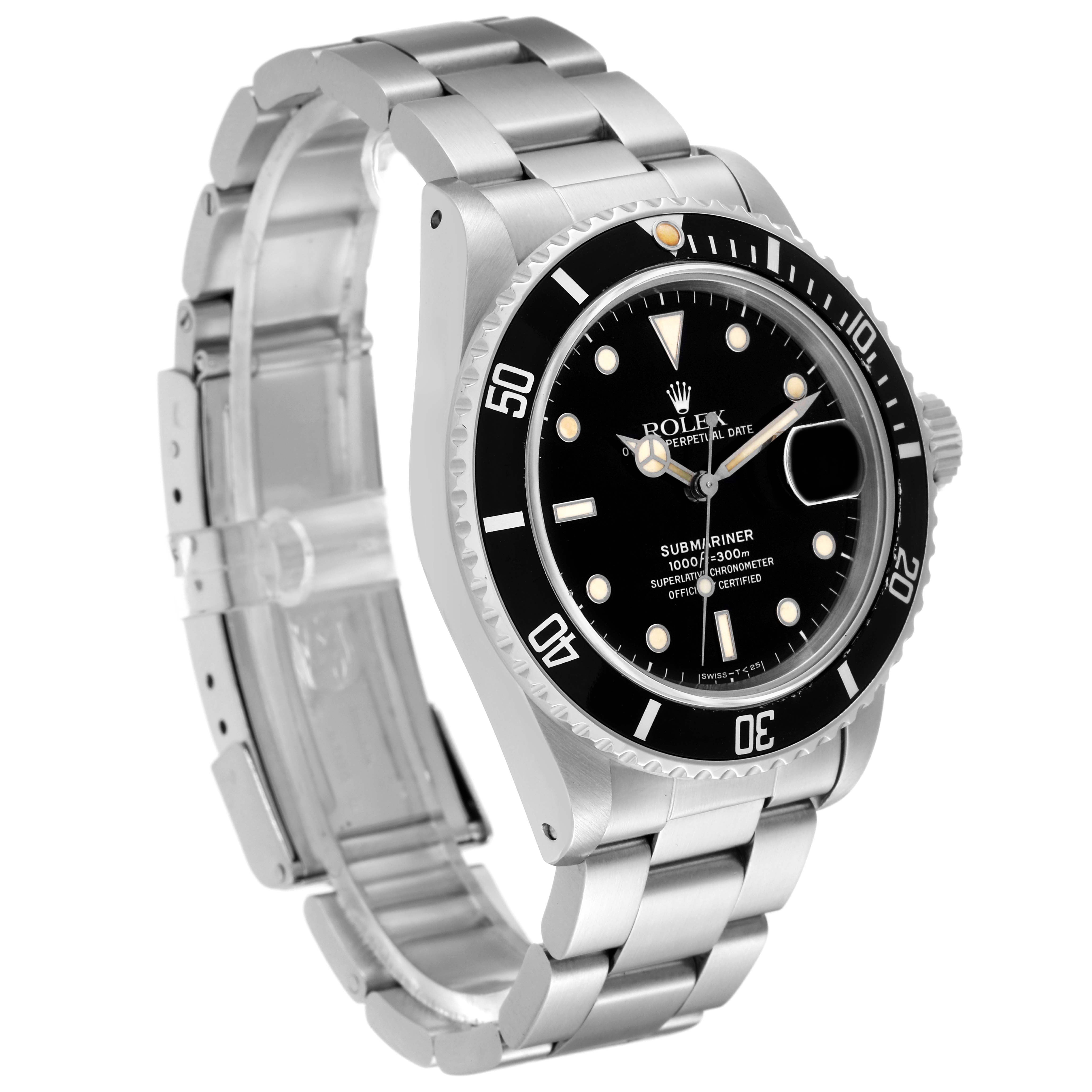 The image shows a Rolex Vintage Collection 16800 Men's Stainless Steel Black Dial 16800 Men's Stainless Steel Black Dial Submariner watch, angled to display the face, bezel, and part of the bracelet.