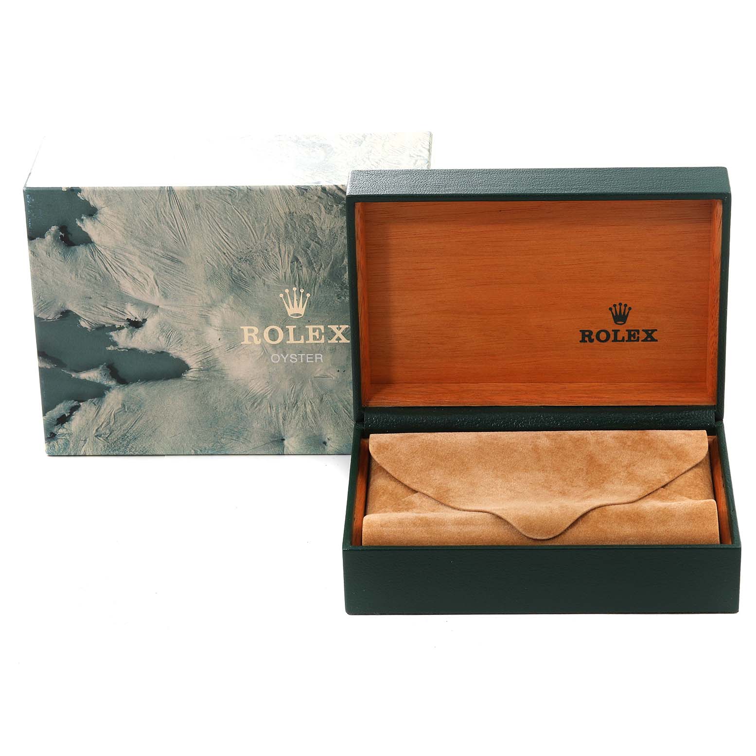 The image shows the box and packaging for a Rolex Vintage Collection 16800 Men's Stainless Steel Black Dial 16800 Men's Stainless Steel Black Dial watch, including the outer box and inner leather case.