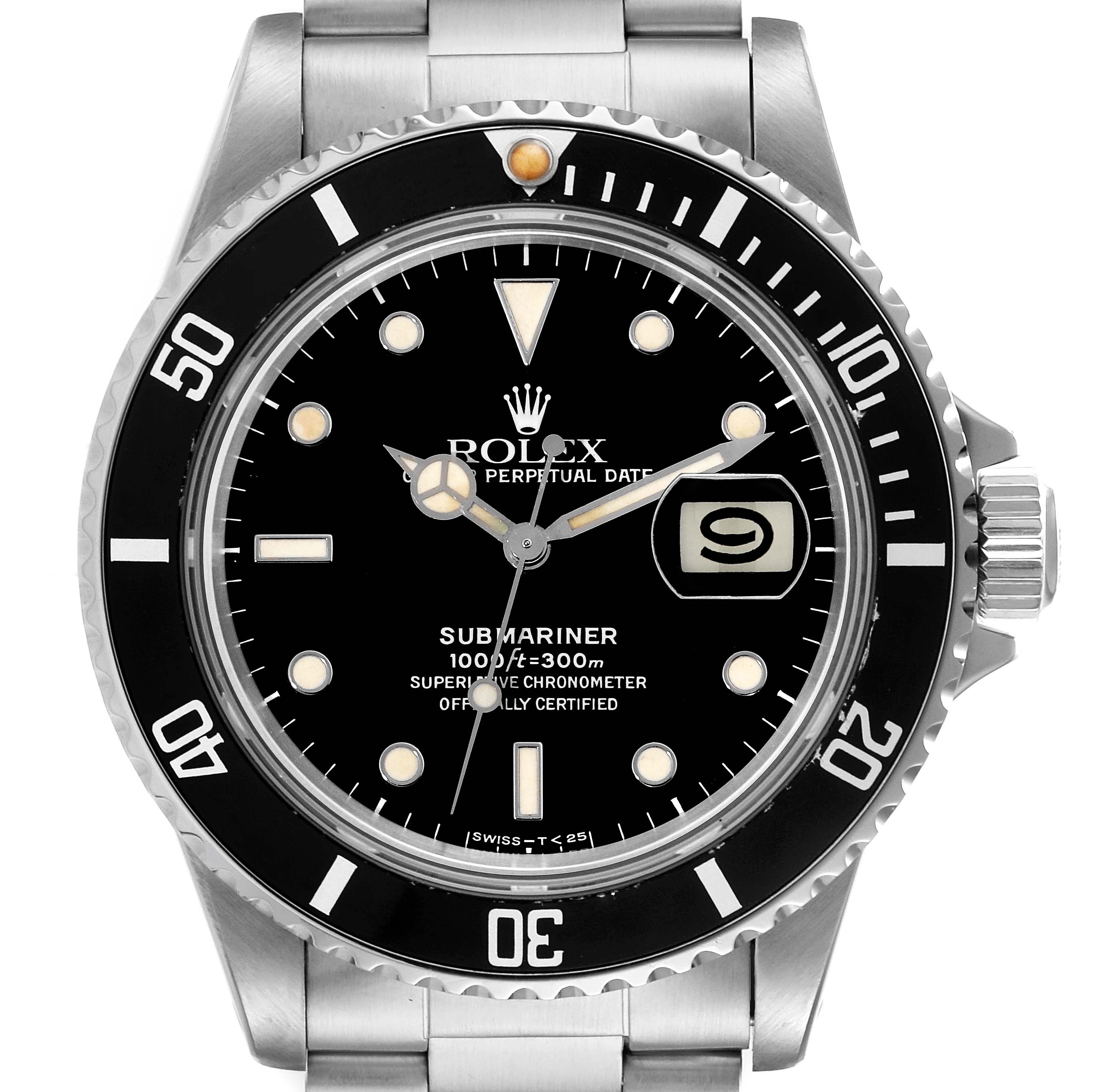 The Rolex Vintage Collection 16800 Men's Stainless Steel Black Dial 16800 Men's Stainless Steel Black Dial Submariner watch is shown from the front, highlighting the dial, bezel, and bracelet.