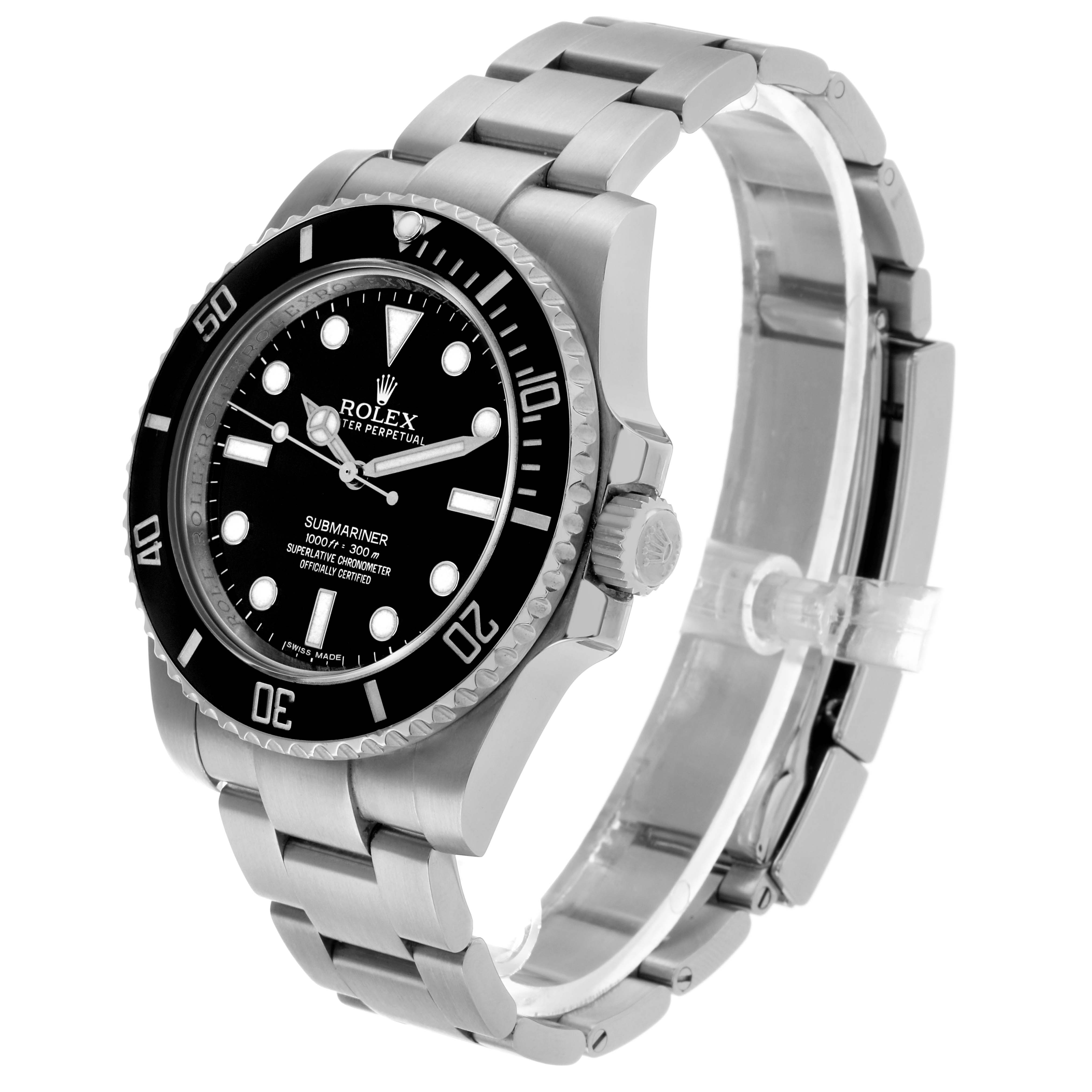 The Rolex Submariner 114060 Men's Stainless Steel Black Dial watch is shown at a three-quarter angle, displaying the case, dial, bezel, and bracelet.