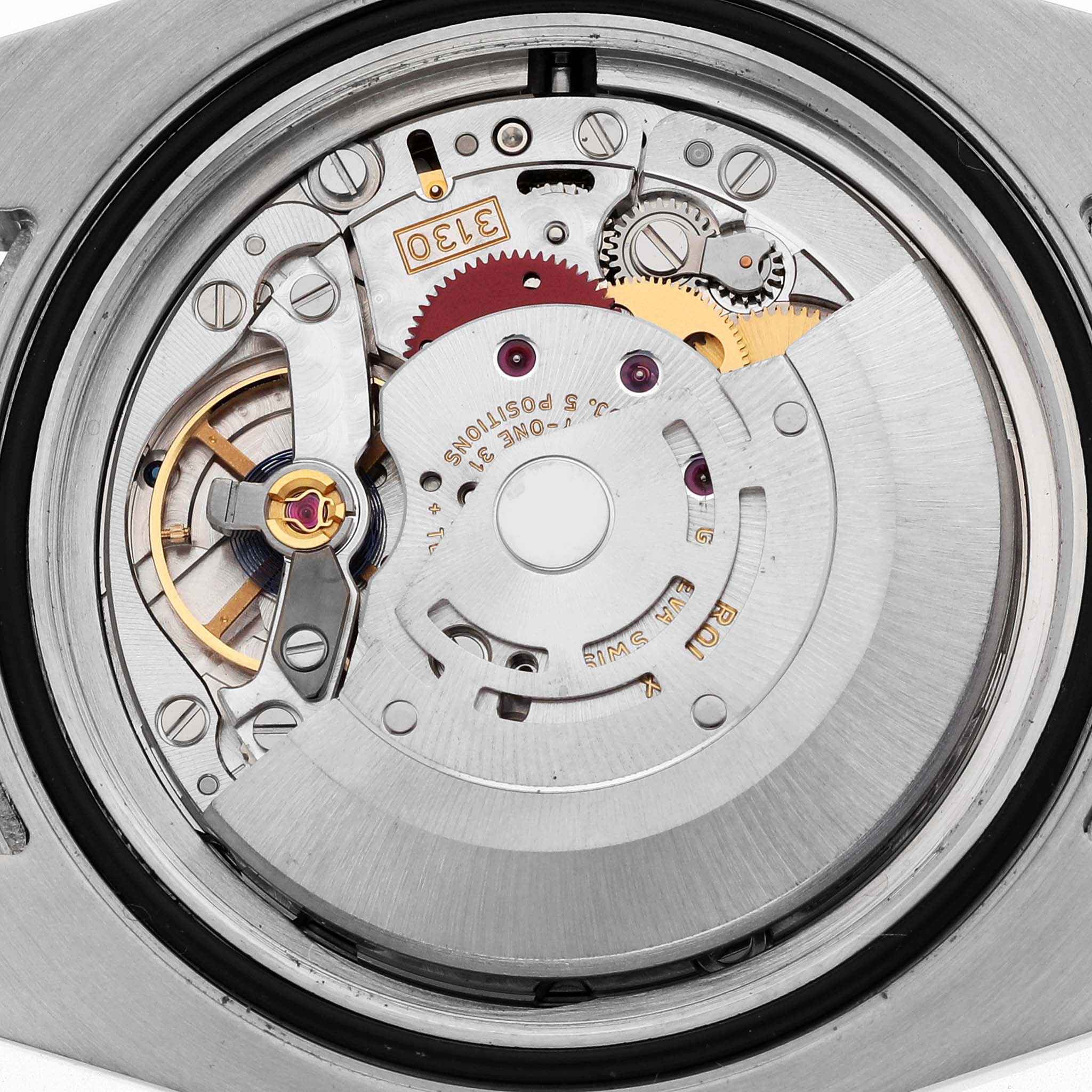 The image shows the inner mechanical movement of a Rolex Submariner 114060 Men's Stainless Steel Black Dial, featuring gears and components from a rear view.