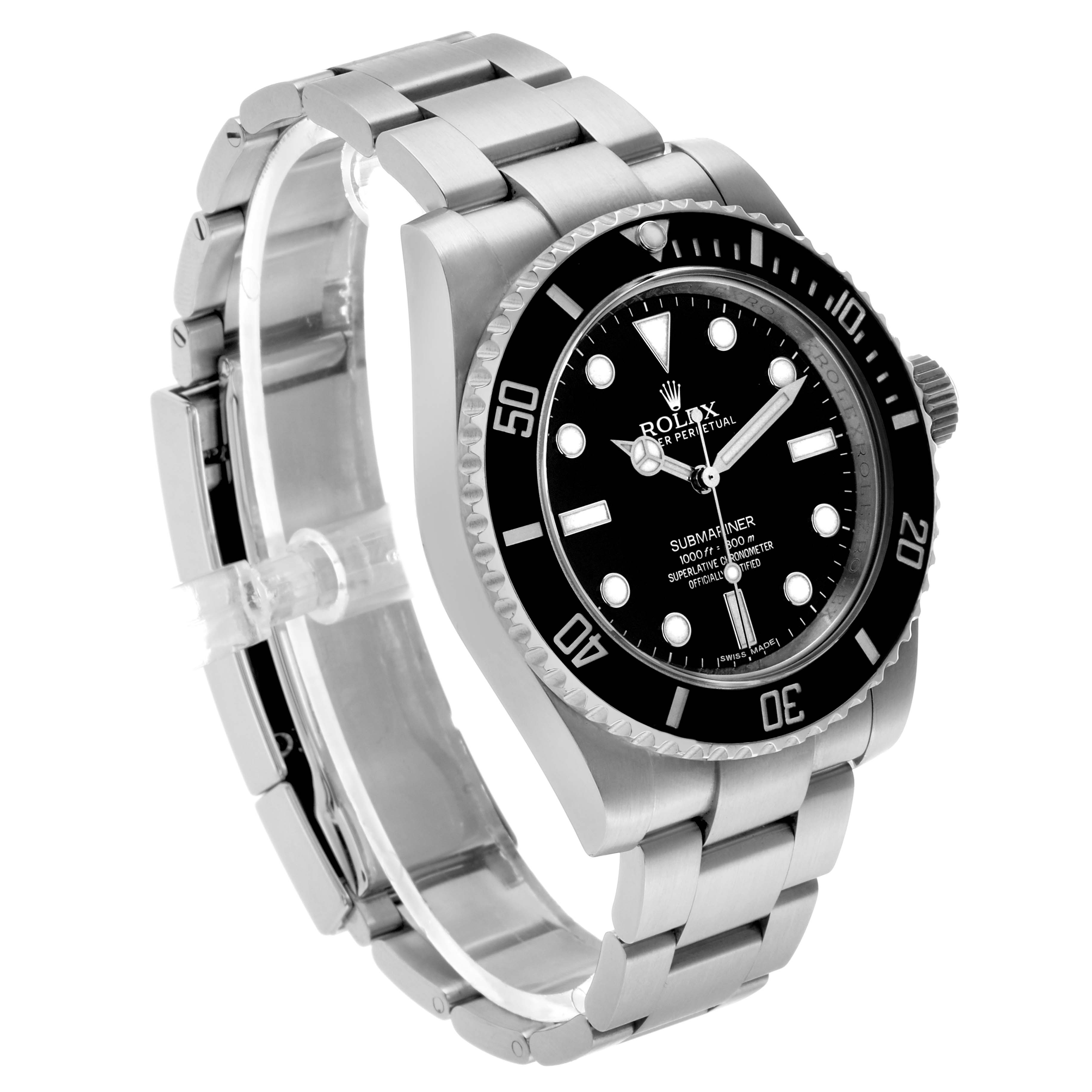 The image shows a Rolex Submariner 114060 Men's Stainless Steel Black Dial watch at a three-quarters angle, displaying the dial, bezel, bracelet, and crown.