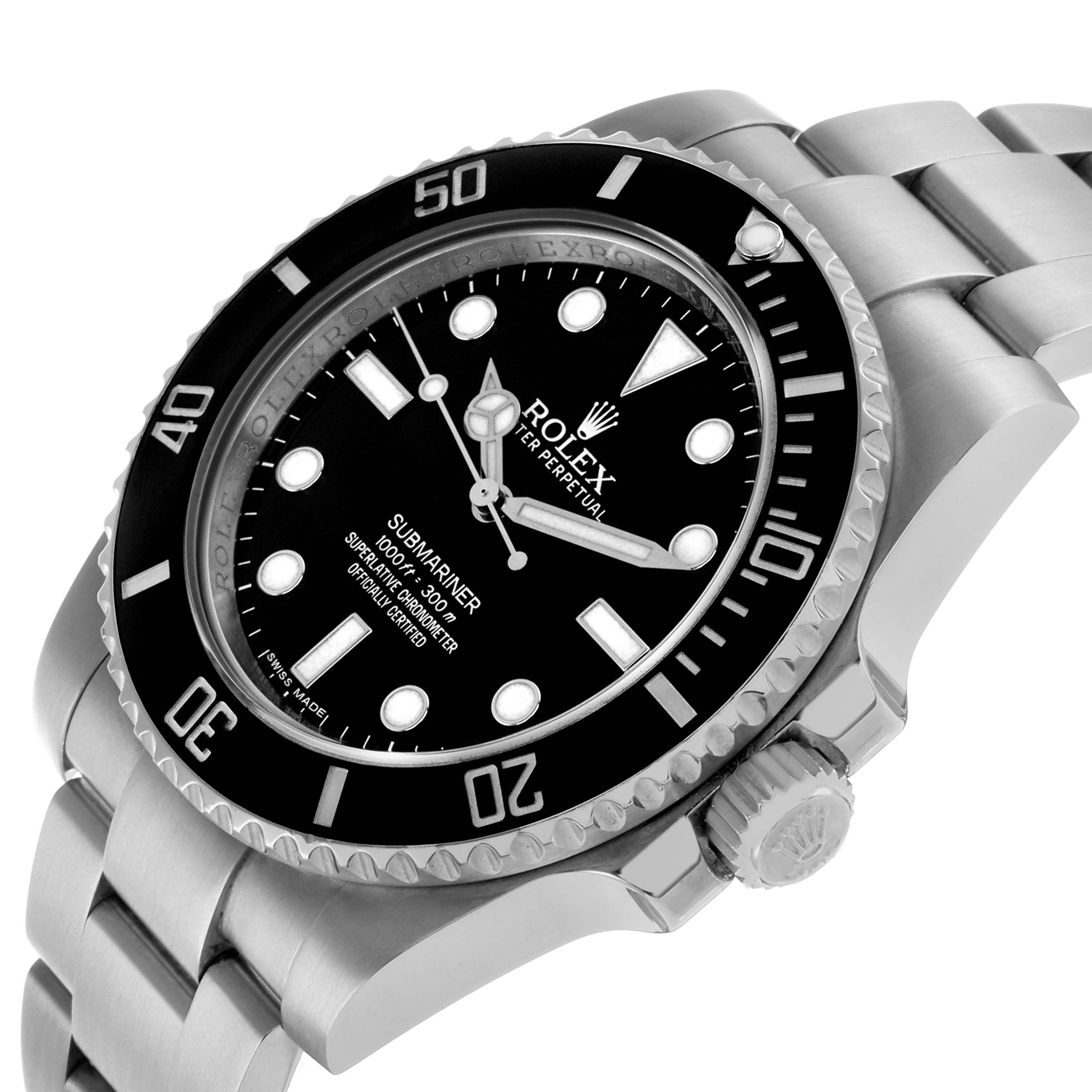 The image shows a Rolex Submariner 114060 Men's Stainless Steel Black Dial watch from an angled side view, highlighting its bezel, dial, crown, and bracelet.