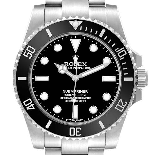 The Rolex Submariner 114060 Men's Stainless Steel Black Dial watch is shown from a front angle, displaying the dial, bezel, crown, and part of the bracelet.