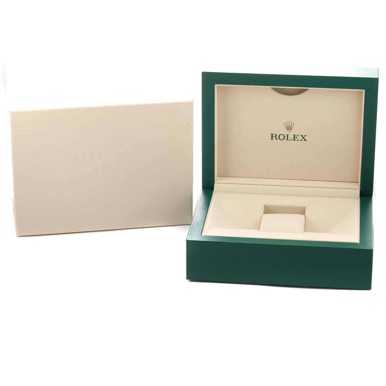 The image shows an open green Rolex Submariner 114060 Men's Stainless Steel Black Dial watch box with the interior on display, alongside a closed beige box from an angled view.