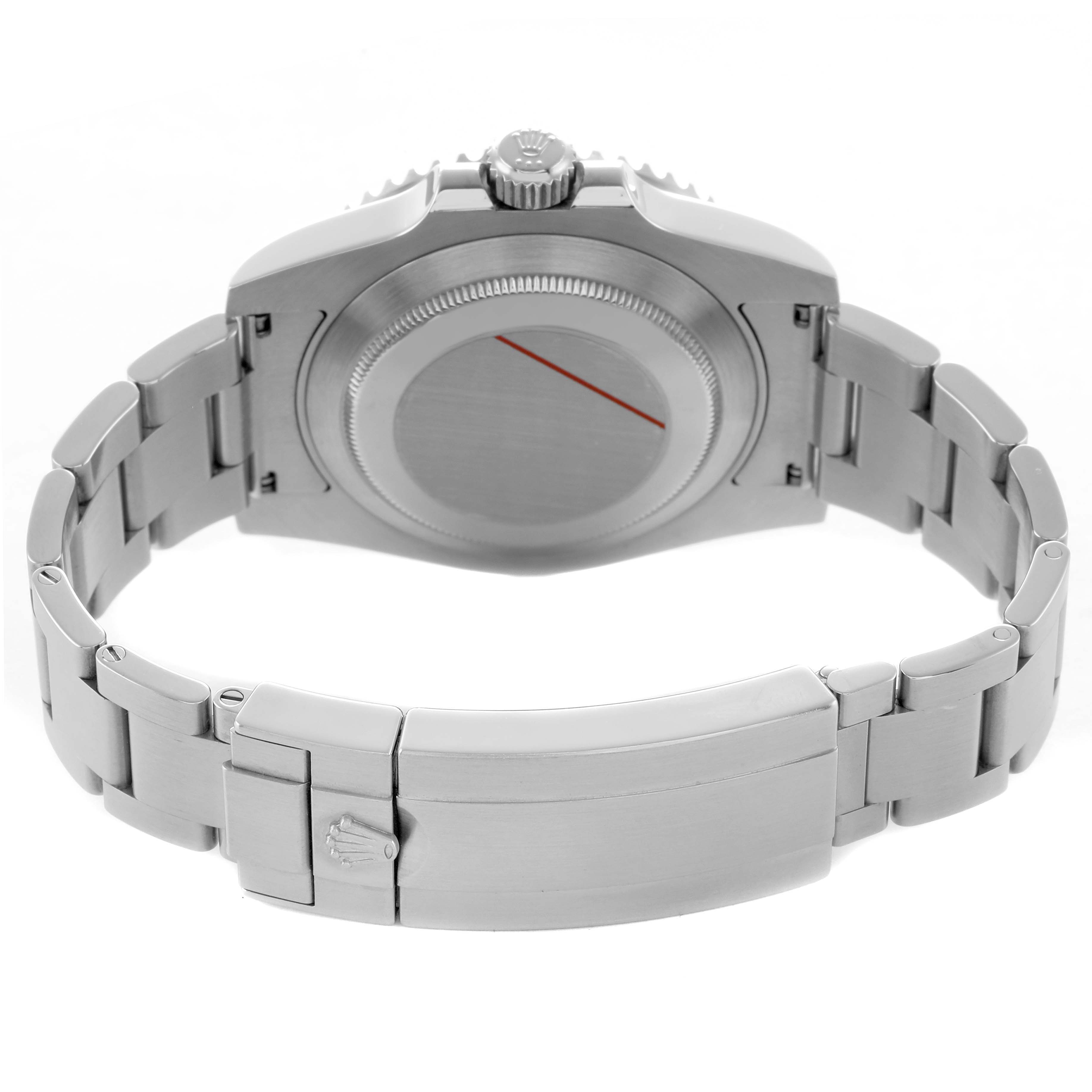 The image shows the back view of a Rolex Submariner 114060 Men's Stainless Steel Black Dial, highlighting the case back, crown, and bracelet clasp.