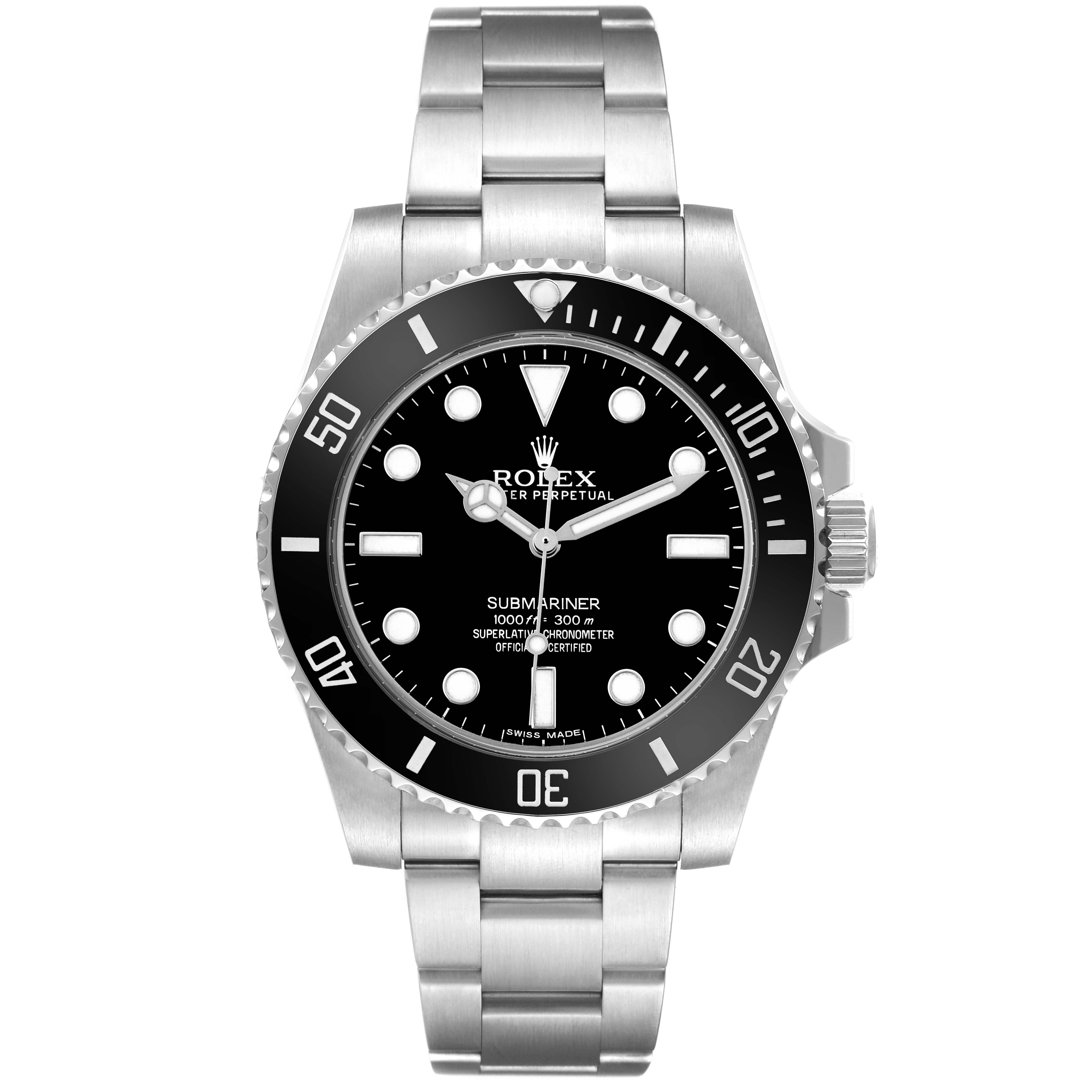 The Rolex Submariner 114060 Men's Stainless Steel Black Dial watch is shown from a front angle, displaying the dial, bezel, crown, and bracelet.