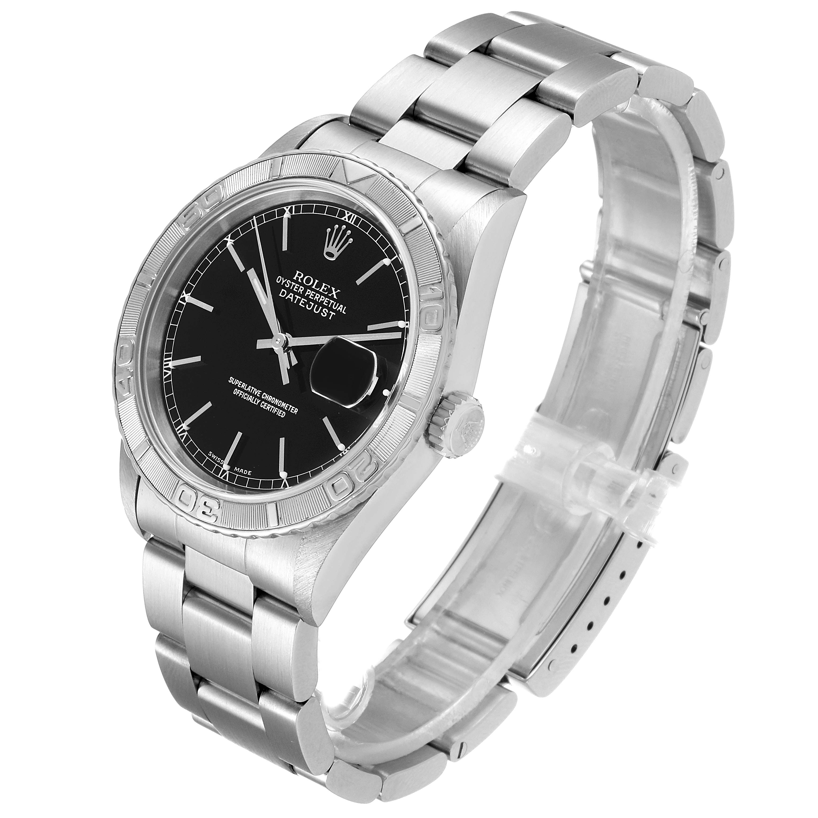 The Rolex Turn-o-Graph 16264 Men
s Stainless Steel Black Dial 16264 Men
s Stainless Steel Black Dial watch is shown at an angled view, highlighting the face, bezel, crown, and partially open bracelet.