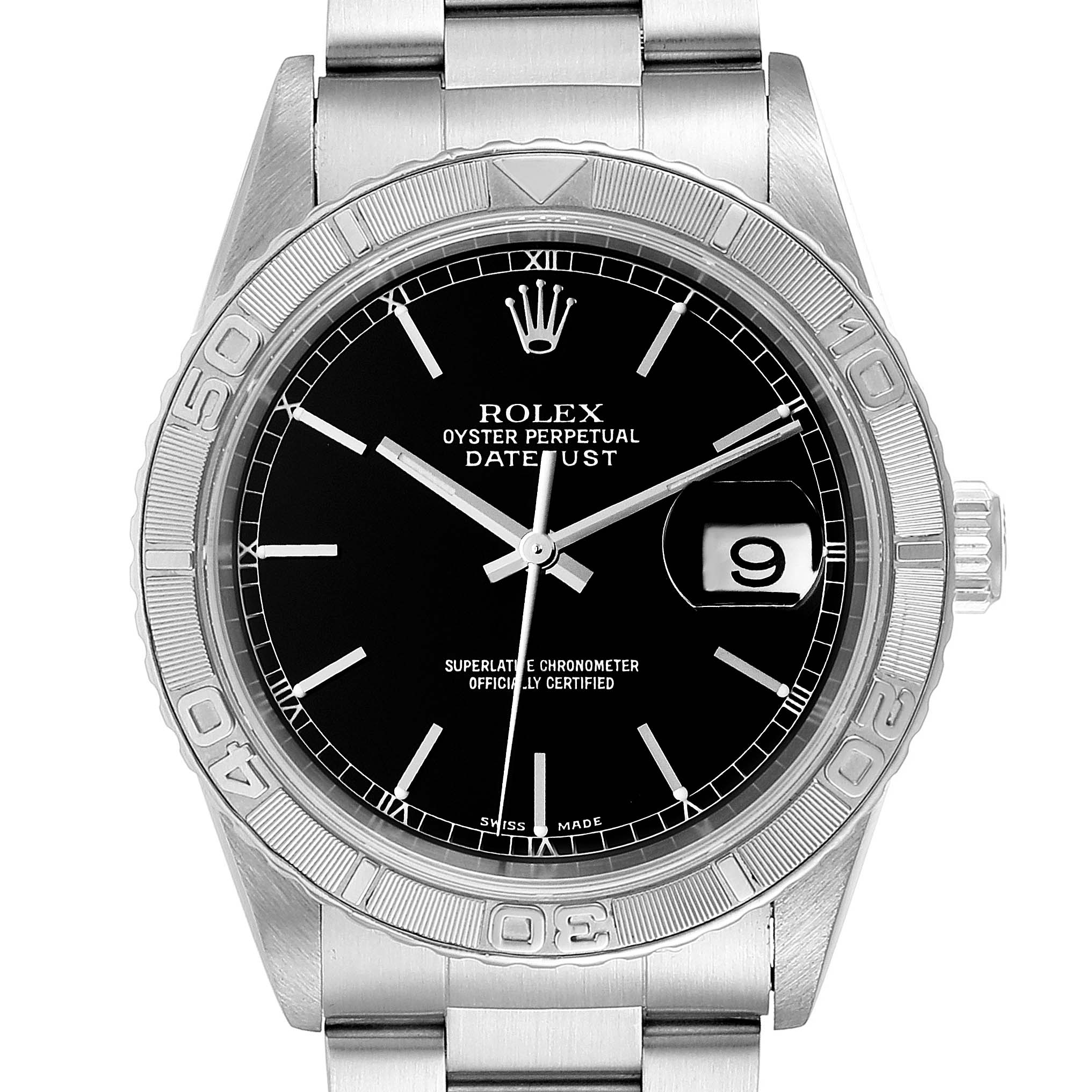 The image shows a front view of a Rolex Turn-o-Graph 16264 Men
s Stainless Steel Black Dial 16264 Men
s Stainless Steel Black Dial watch, highlighting the dial, bezel, and part of the bracelet.