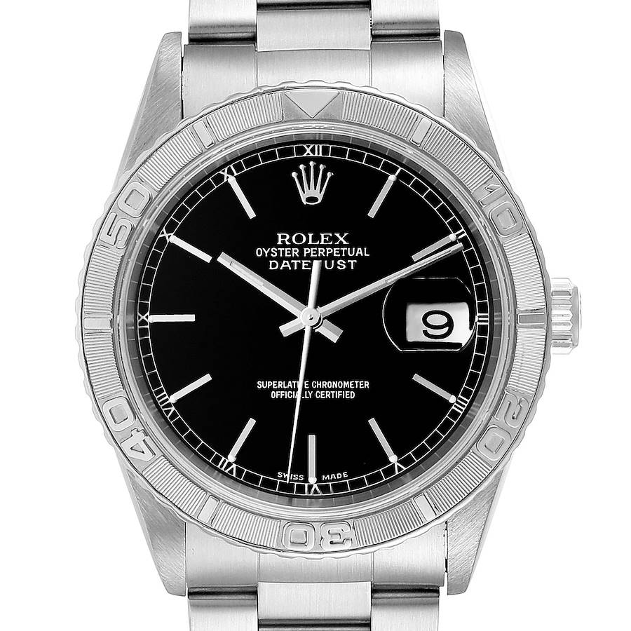 Rolex Turnograph Datejust Steel White Gold Black Dial Mens Watch 16264 Papers SwissWatchExpo
