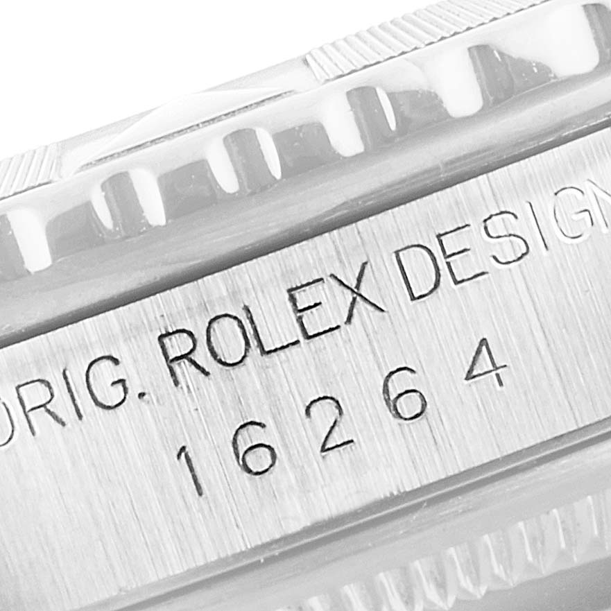 This image shows a close-up of the bezel and case side of a Rolex Turn-o-Graph 16264 Men
s Stainless Steel Black Dial 16264 Men
s Stainless Steel Black Dial model with the engraved design reference 16264.