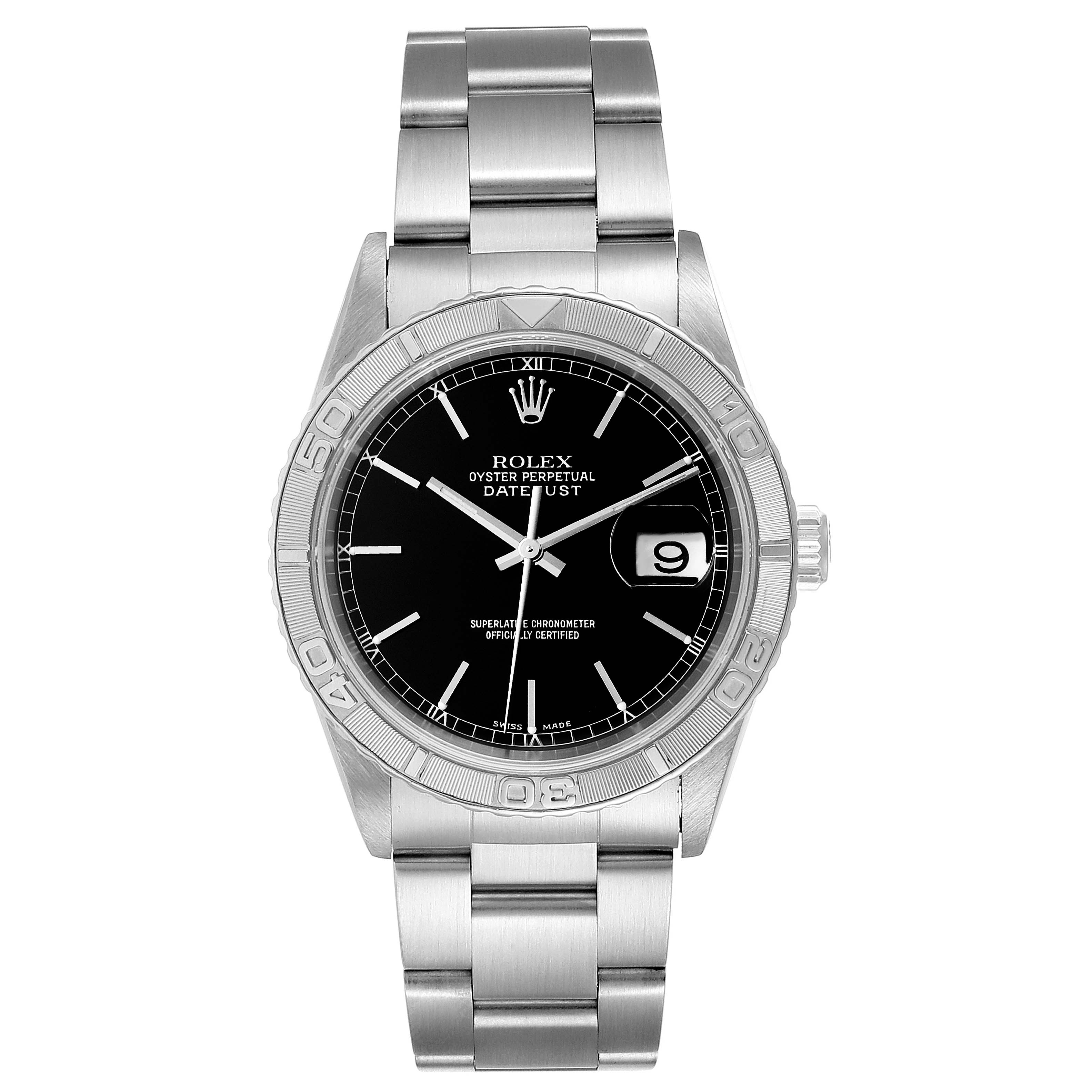 The image shows a front view of the Rolex Turn-o-Graph 16264 Men
s Stainless Steel Black Dial 16264 Men
s Stainless Steel Black Dial watch, highlighting the dial, bezel, and bracelet.