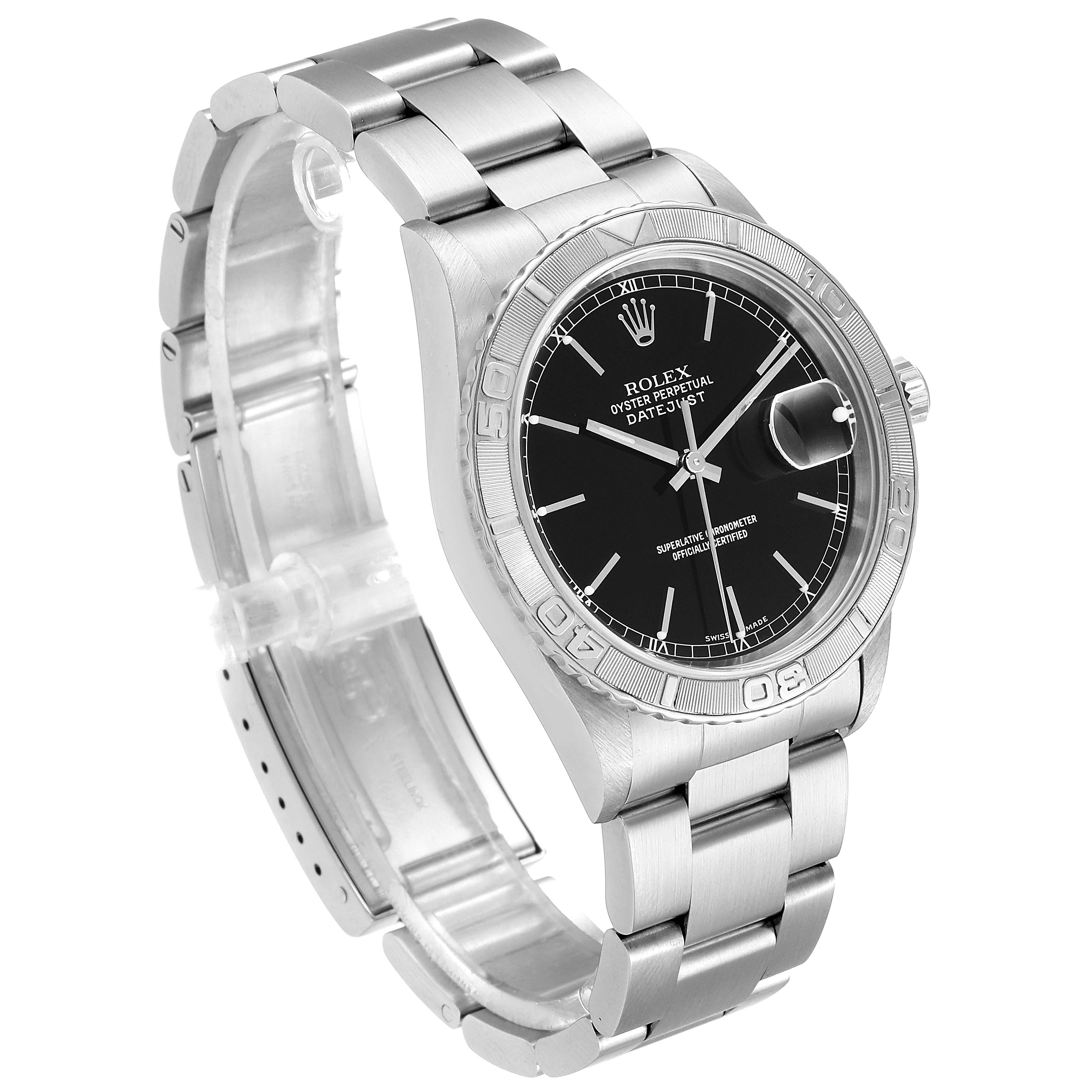 This is a Rolex Turn-o-Graph 16264 Men
s Stainless Steel Black Dial 16264 Men
s Stainless Steel Black Dial watch angled to show the bezel, dial, bracelet, and part of the clasp.