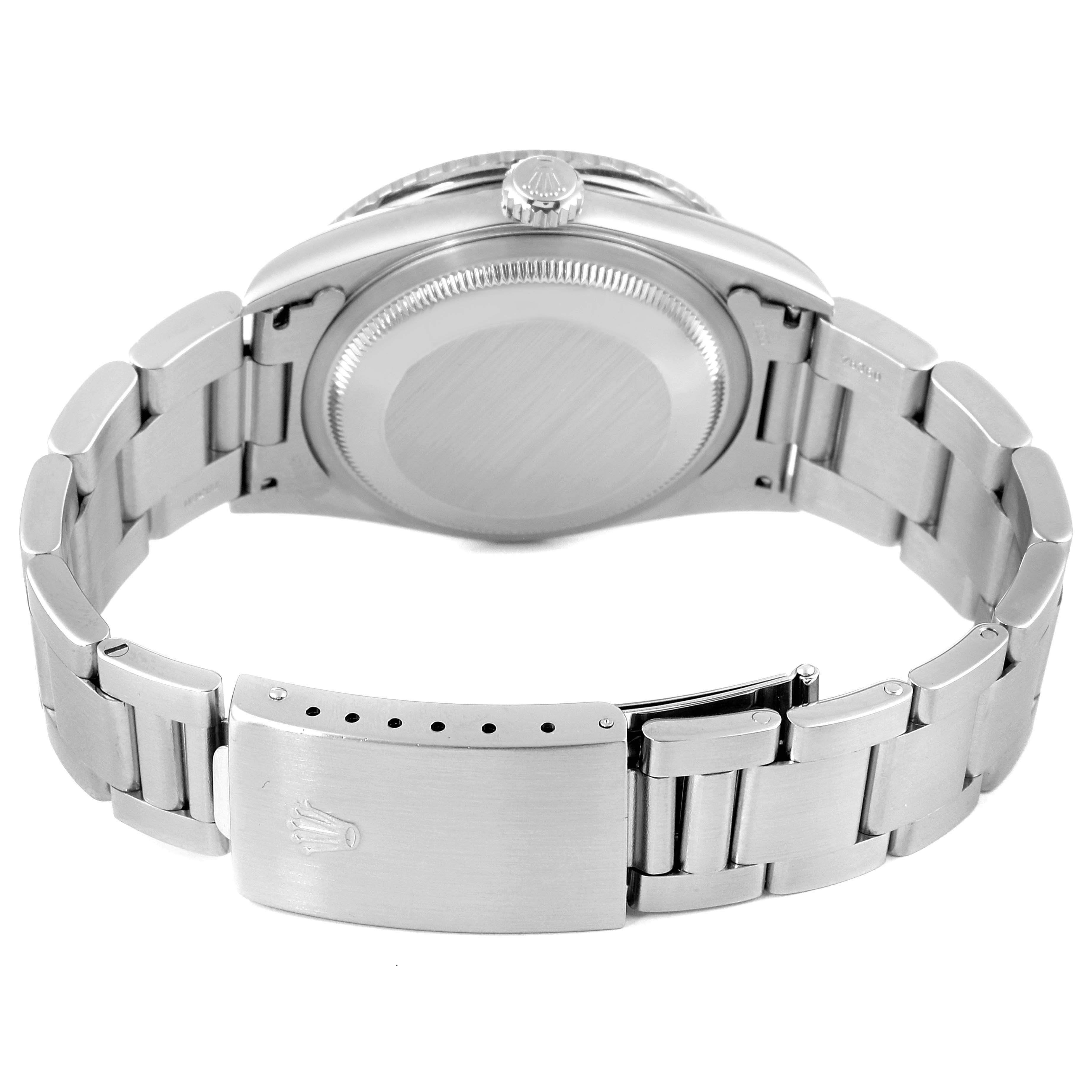 This image shows the Rolex Turn-o-Graph 16264 Men
s Stainless Steel Black Dial 16264 Men
s Stainless Steel Black Dial watch
s back casing, bracelet, and clasp from a rear angle.