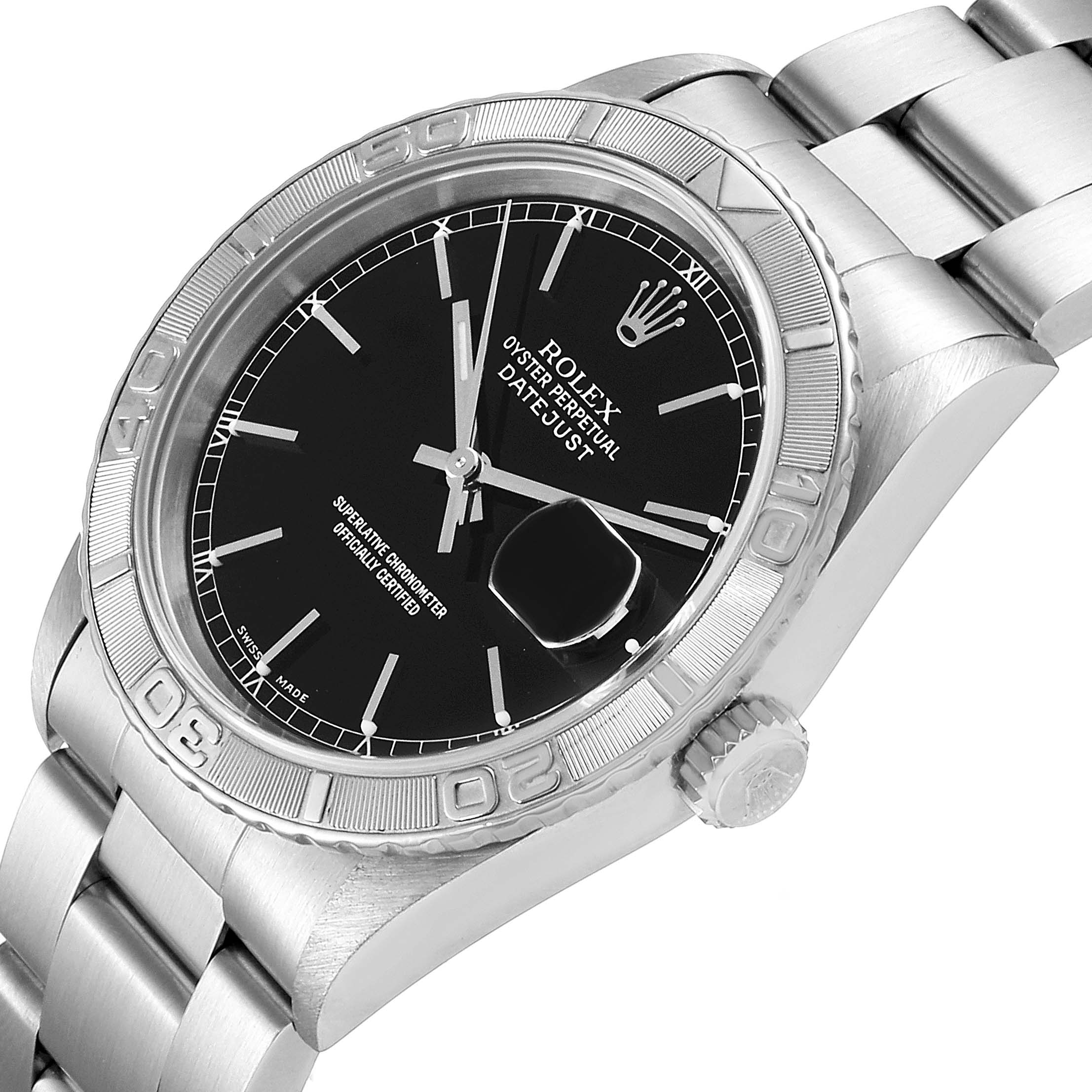 The image shows a Rolex Turn-o-Graph 16264 Men
s Stainless Steel Black Dial 16264 Men
s Stainless Steel Black Dial watch angled to display the dial, bezel, bracelet, and crown.