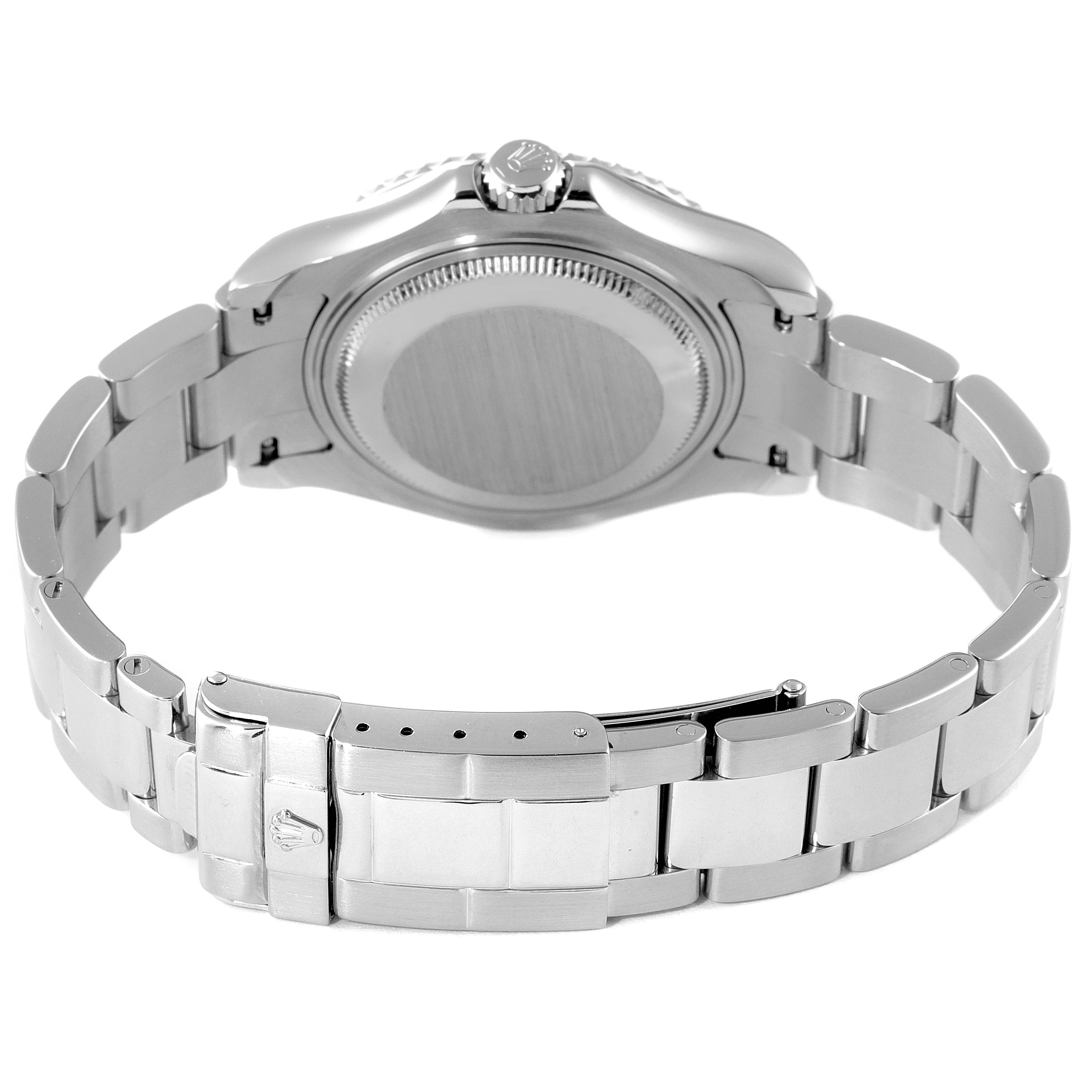 The image shows the back of a Rolex Yacht-Master 168622 Men's Stainless Steel Silver Dial 168622 Men's Stainless Steel Silver Dial watch, highlighting the bracelet, clasp, and case back.