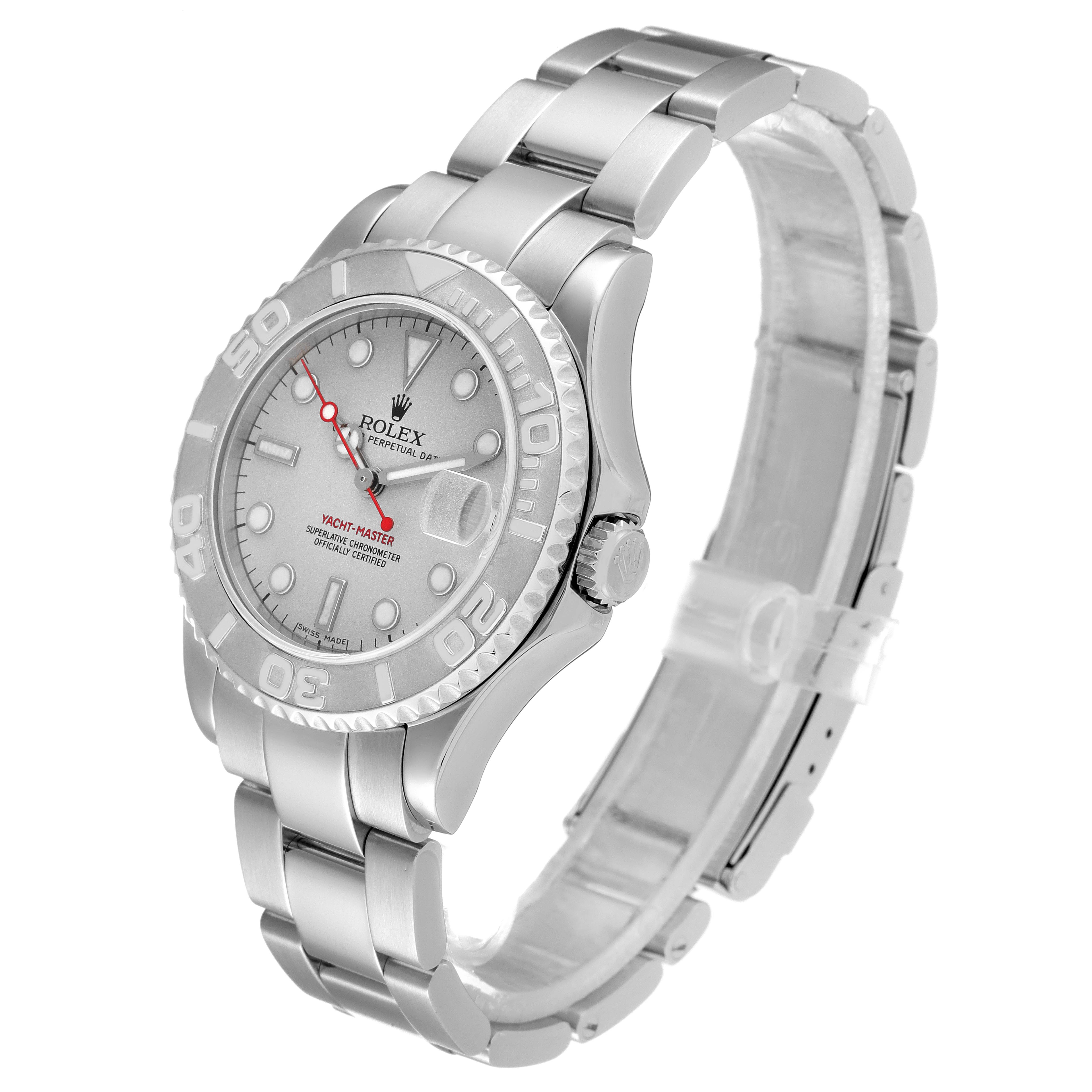 The Rolex Yacht-Master 168622 Men's Stainless Steel Silver Dial 168622 Men's Stainless Steel Silver Dial watch is shown from the right side at a slight angle, highlighting its bezel, dial, crown, and bracelet.