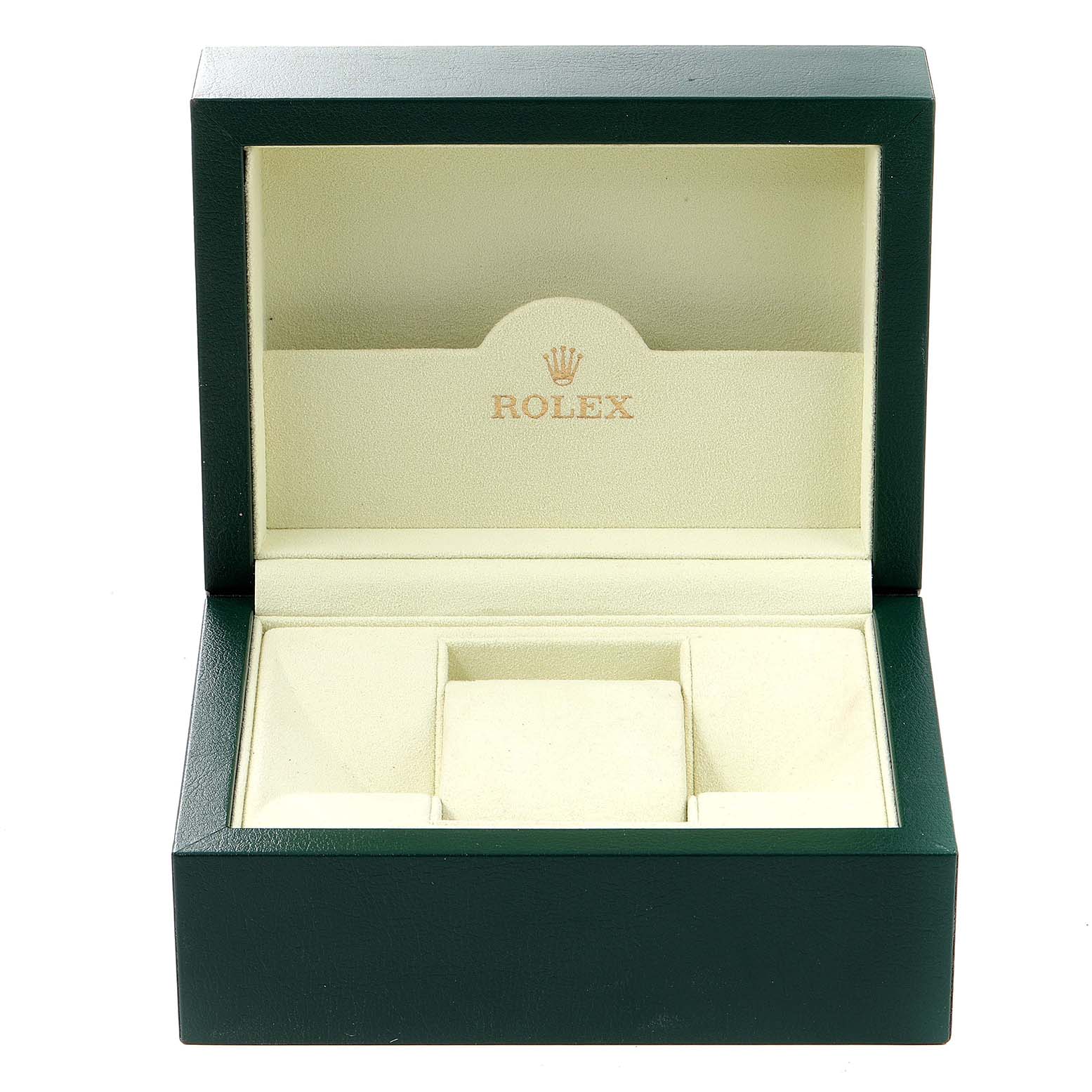 This image shows an open Rolex Yacht-Master 168622 Men's Stainless Steel Silver Dial 168622 Men's Stainless Steel Silver Dial watch box from a front angle.
