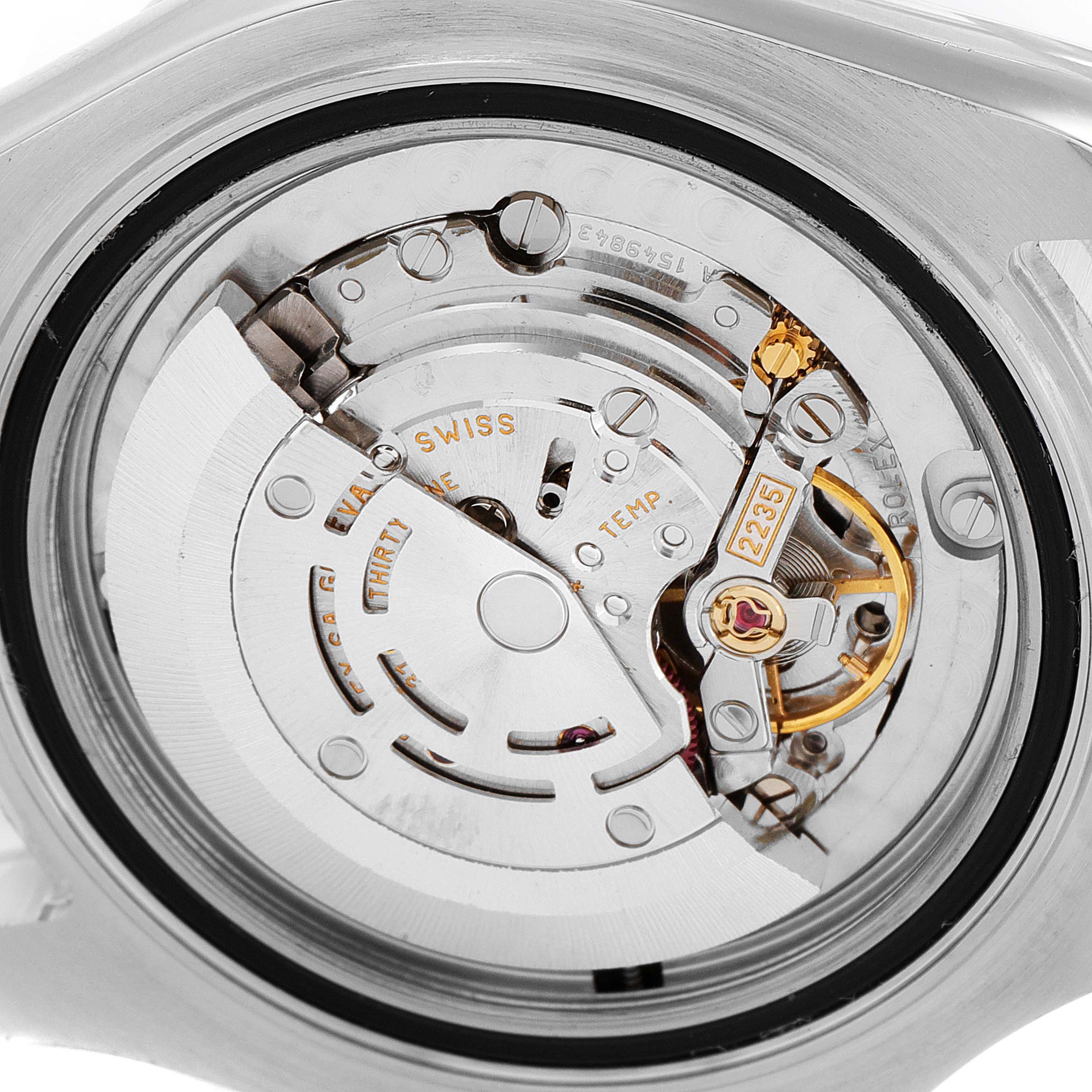 This image shows a close-up view of the movement inside a Rolex Yacht-Master 168622 Men's Stainless Steel Silver Dial 168622 Men's Stainless Steel Silver Dial watch model.