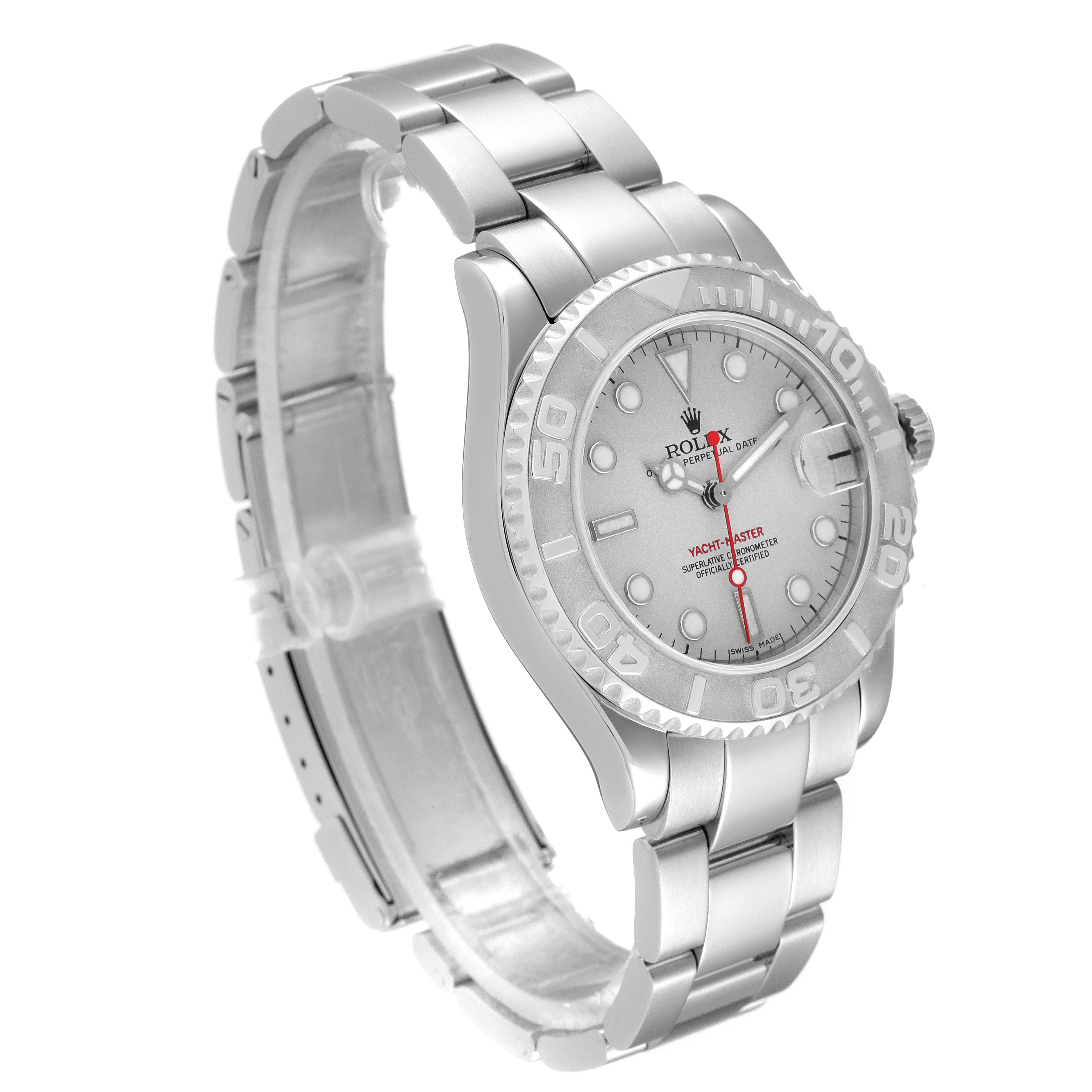 This is a side and slightly top angled view of the Rolex Yacht-Master 168622 Men's Stainless Steel Silver Dial 168622 Men's Stainless Steel Silver Dial watch, showing its bracelet, dial, and bezel.